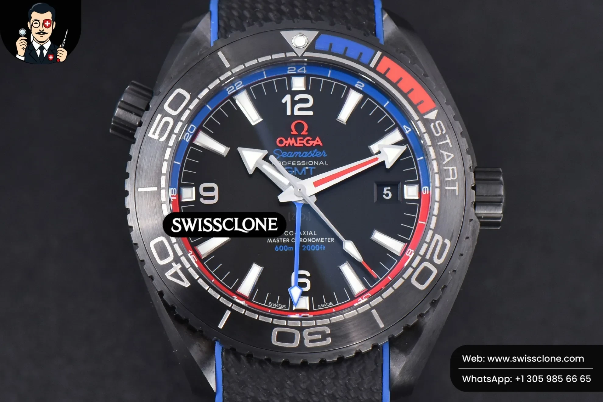 Omega Planet Ocean 600m Deep Black Real Ceramic 45.5mm Black Dial Blue/Red Bezel Rubber