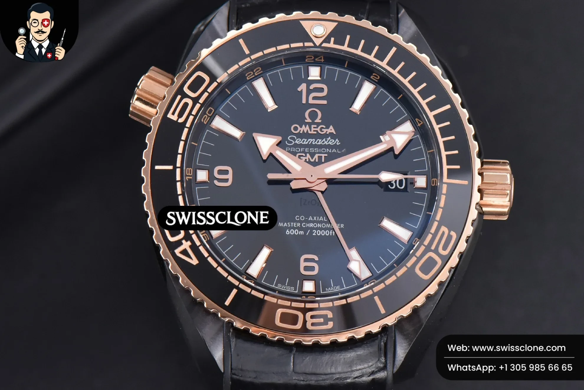 Omega Planet Ocean 600m Deep Black Real Ceramic 45.5mm Black/RG Dial Black Leather
