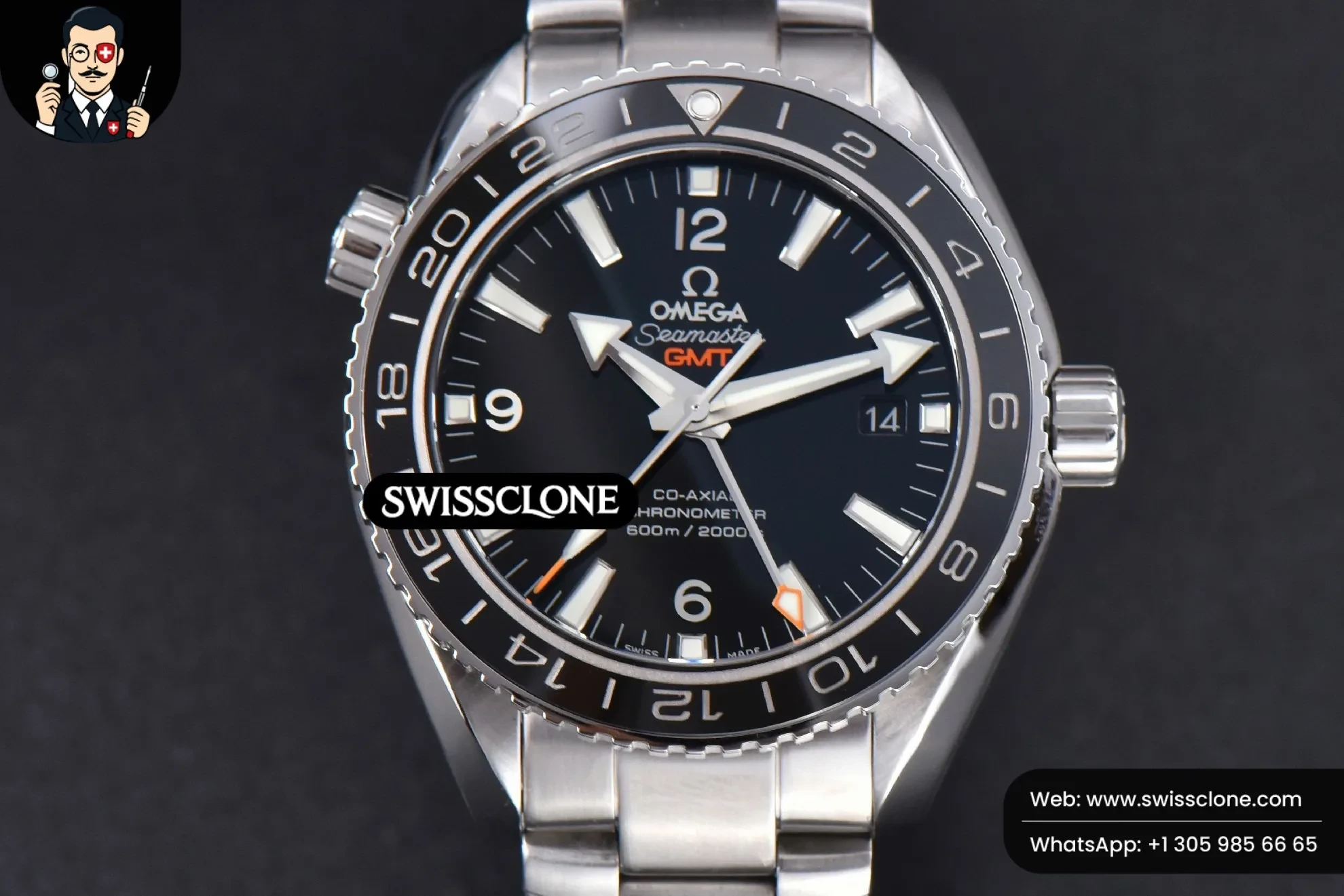 Omega Planet Ocean 600m GMT 43.5mm Black Dial - 45-Degree Case Profile & Crown View | 1:1 Swiss Super Clone