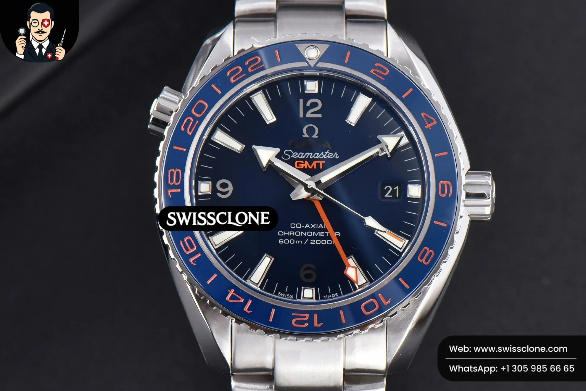 Omega Planet Ocean 600m GMT 43.5mm Blue Dial Orange/Blue Bezel - 45-Degree Case Profile & Crown View | 1:1 Swiss Super Clone