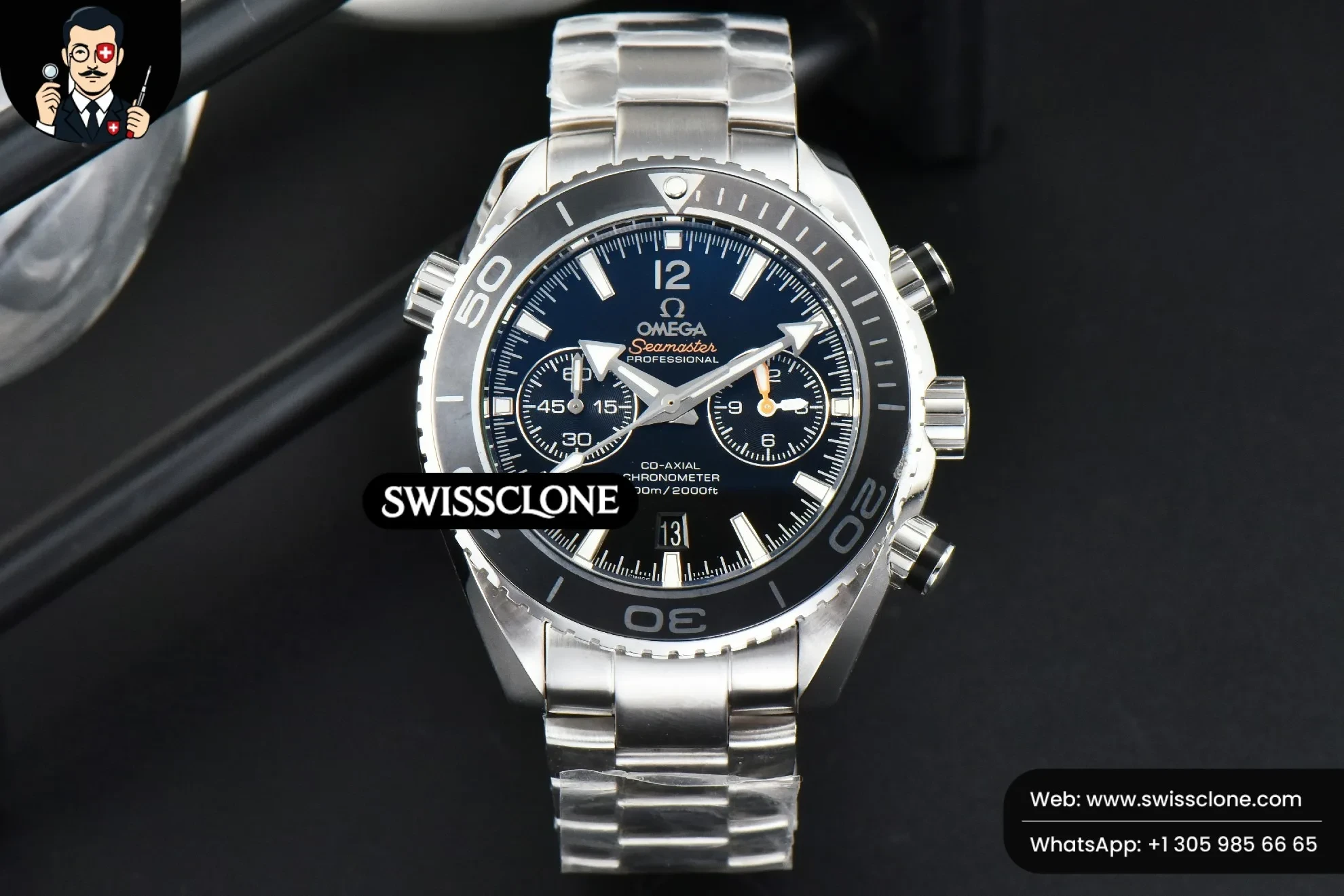 Omega Planet Ocean Chrono 45.5mm OMF Black Dial 1:1 Super Clone - Dial Macro Close-Up