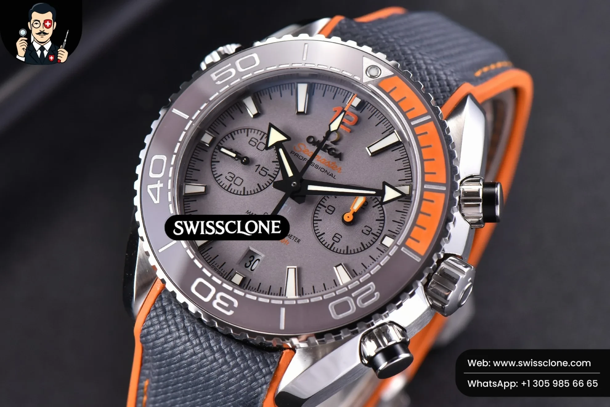 Omega Planet Ocean Chrono 45.5mm OMF Gray Dial Orange/Black Rubber 1:1 Super Clone - Dial Macro Close-Up