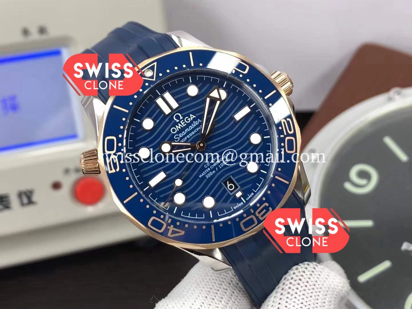 Omega Seamaster 300M Co-Axial Master Chronometer Blue Dial - 45-Degree Case Profile & Crown View | 1:1 Swiss Super Clone