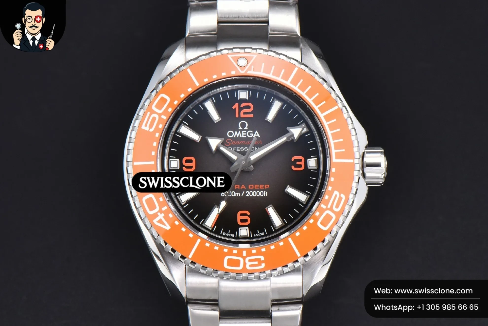Omega Seamaster 6000M Ultra Deep 45.5mm Orange Bezel Brown Dial - 45-Degree Case Profile & Crown View | 1:1 Swiss Super Clone