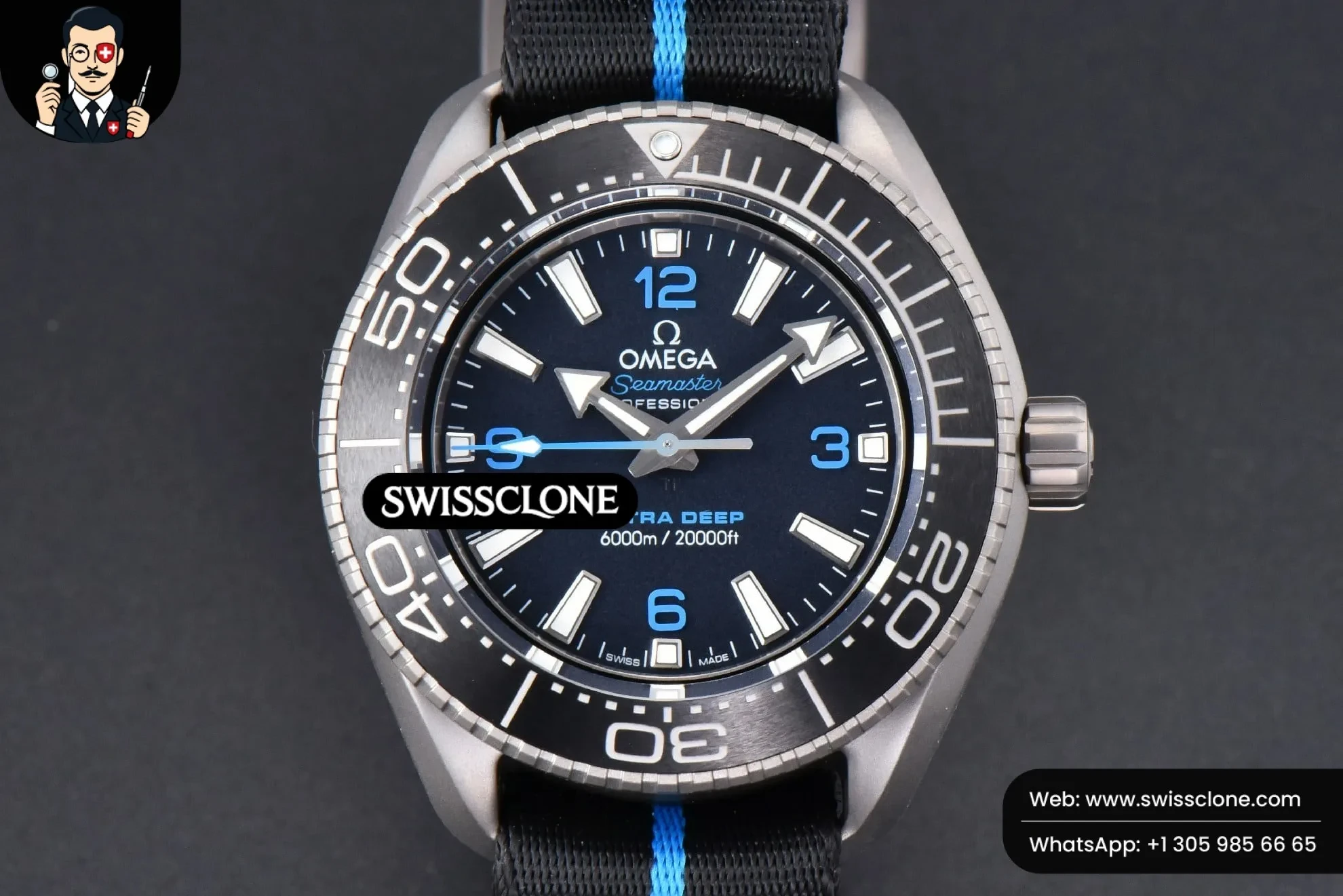 Omega Seamaster 6000M Ultra Deep Titanium 45.5mm Black Dial Nylon - 45-Degree Case Profile & Crown View | 1:1 Swiss Super Clone