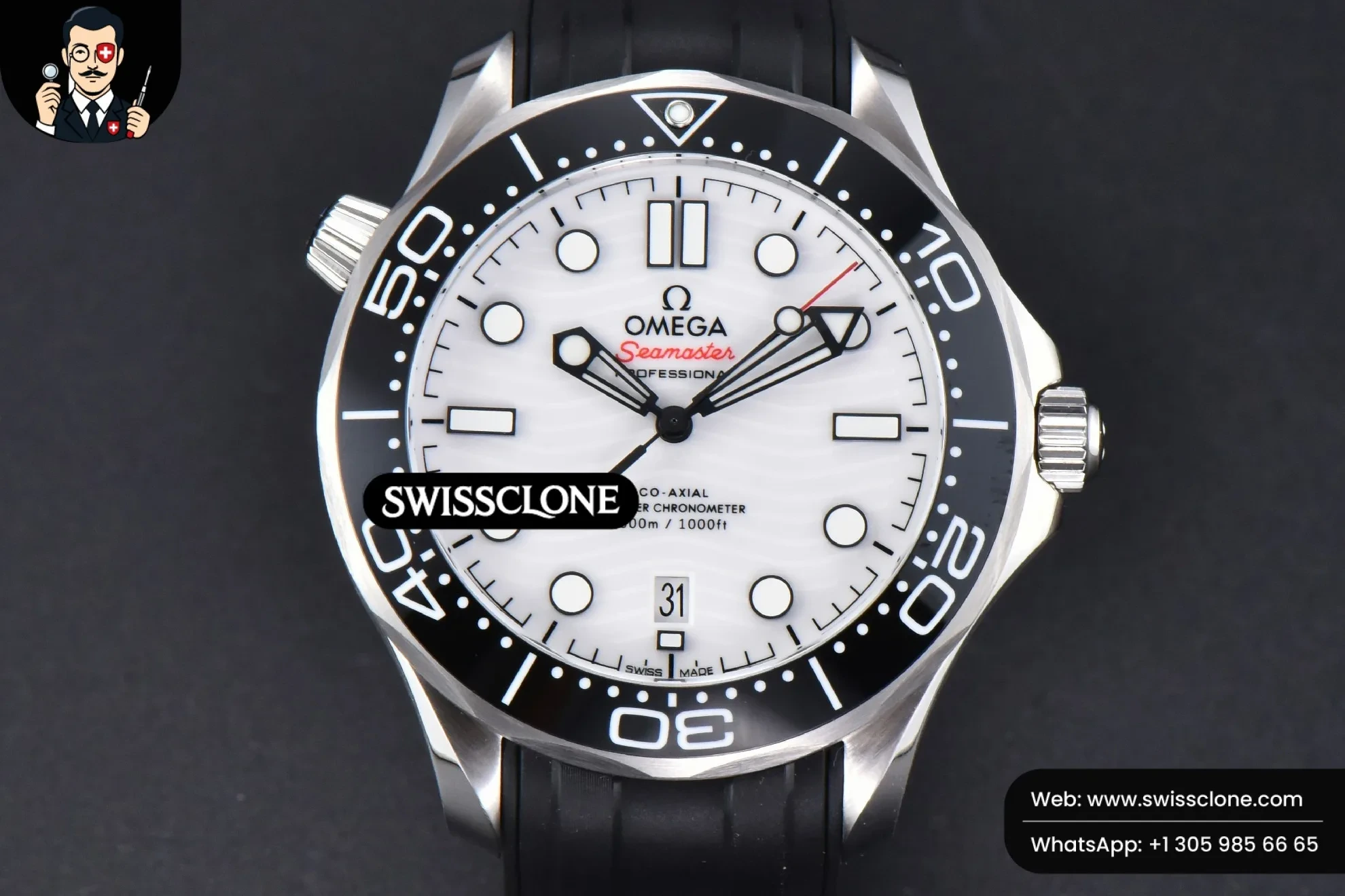 Omega Seamaster Diver 300M 42mm Black Ceramic White Dial Black Rubber - 45-Degree Case Profile & Crown View | 1:1 Swiss Super Clone