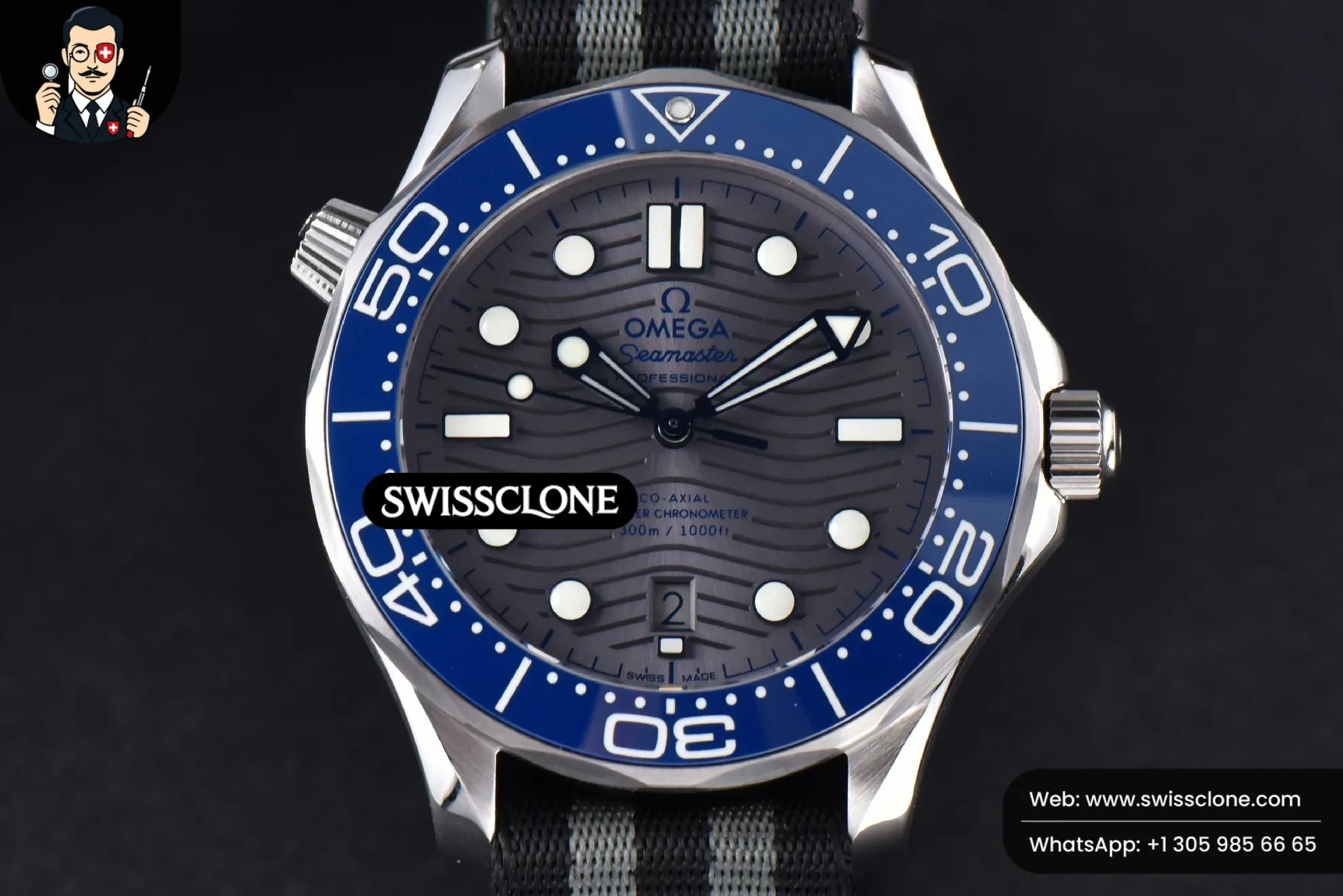 Omega Seamaster Diver 300M 42mm Gray Dial Nylon - 45-Degree Case Profile & Crown View | 1:1 Swiss Super Clone