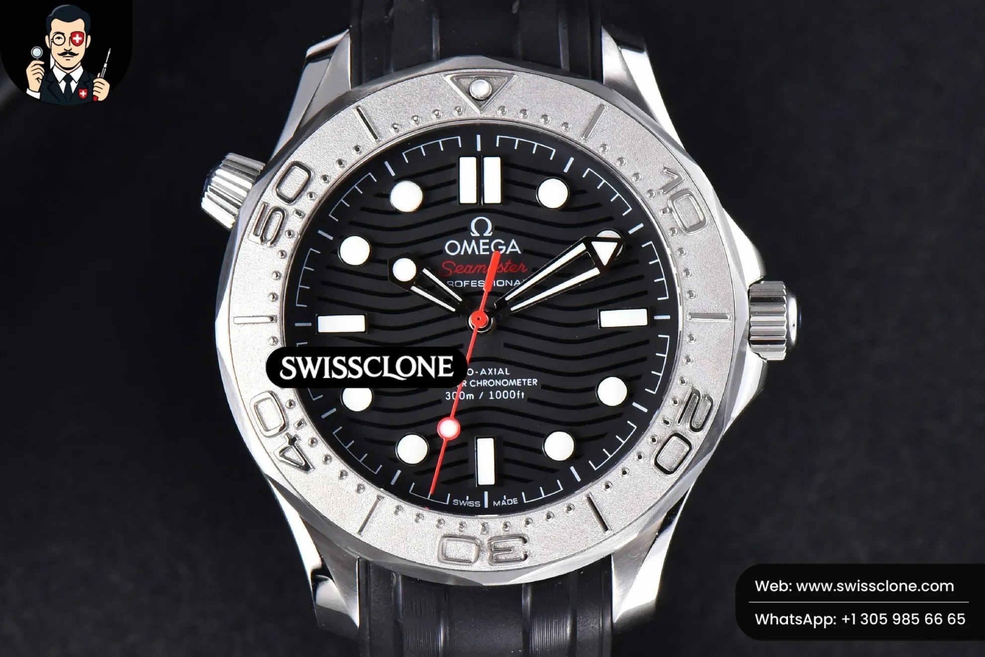 Omega Seamaster Diver 300M Nekton 42mm Black Dial Black Rubber - 45-Degree Case Profile & Crown View | 1:1 Swiss Super Clone