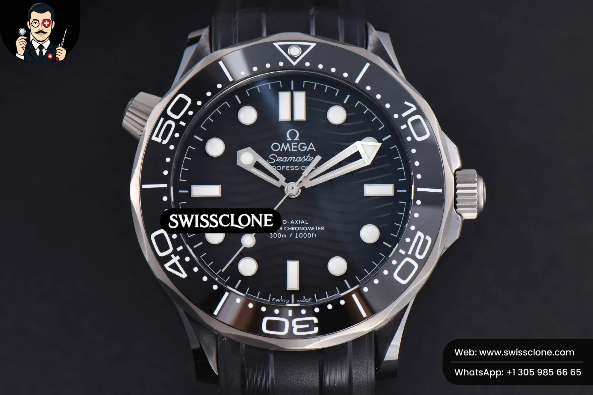Omega Seamaster Diver Real Ceramic 300M 43.5MM Black Dial Rubber - 45-Degree Case Profile & Crown View | 1:1 Swiss Super Clone