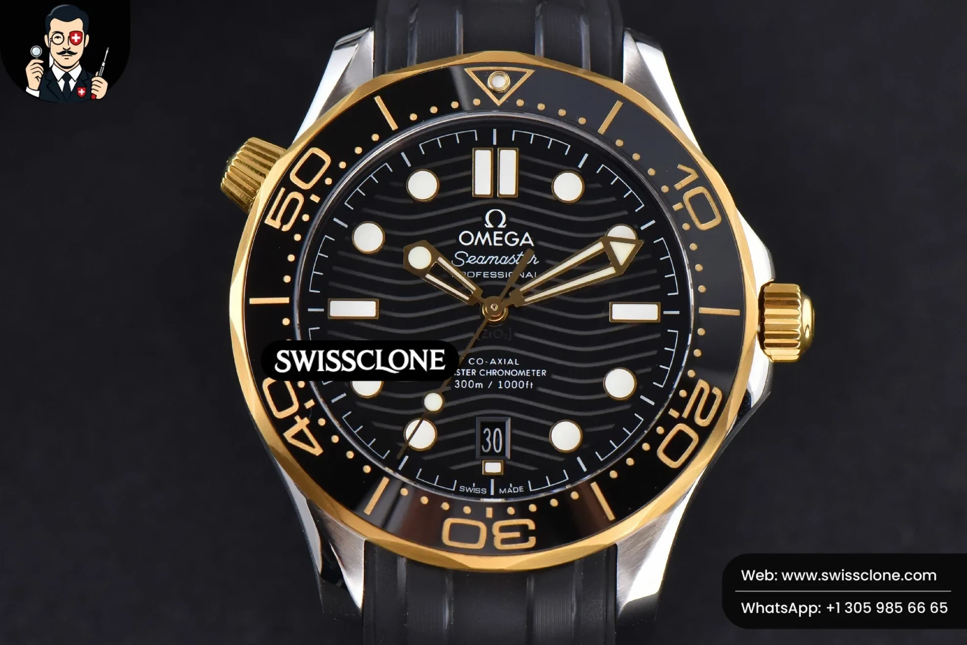 Omega Seamaster Diver YG/SS 300M 42mm Black Dial Rubber - 45-Degree Case Profile & Crown View | 1:1 Swiss Super Clone