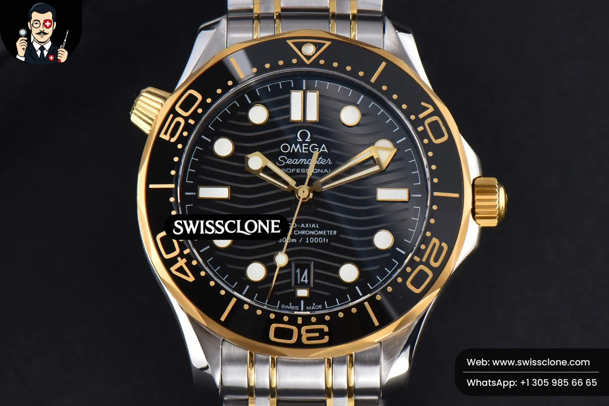 Omega Seamaster Diver YG/SS 300M 42mm Black Dial YG/SS - 45-Degree Case Profile & Crown View | 1:1 Swiss Super Clone