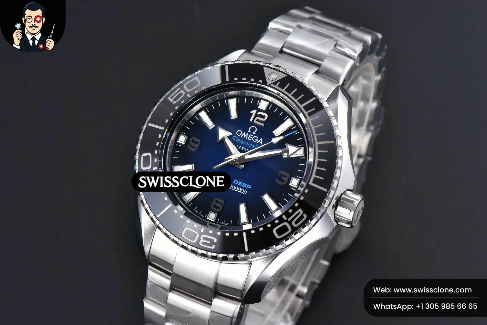 Omega Seamaster Planet Ocean Ultra Deep 45.5mm Blue Gradient Dial - 45-Degree Case Profile & Crown View | 1:1 Swiss Super Clone