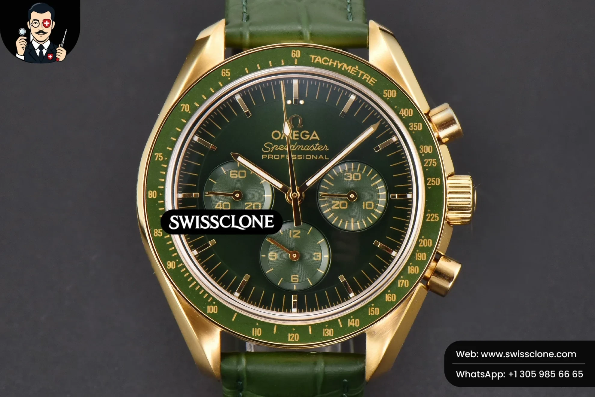 Omega Speedmaster Moonwatch 42.5mm V6SF YG/Green Dial Green Rubber Manual Chrono 1:1 Super Clone - Dial Macro Close-Up