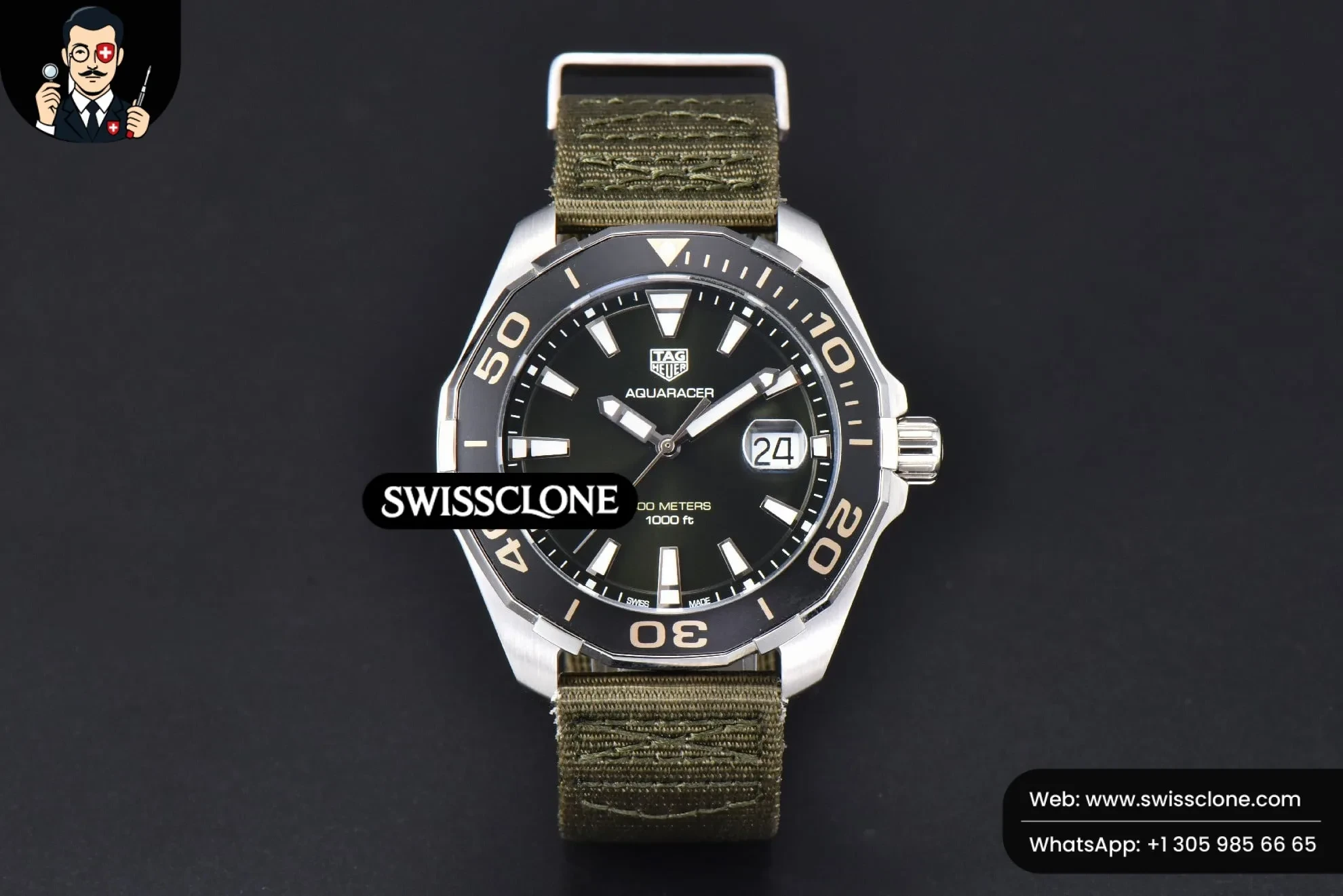 Omega Tag Heuer Aquaracer 300M 41mm OF Black Dial Green Nylon SW200 1:1 Super Clone - Dial Macro Close-Up