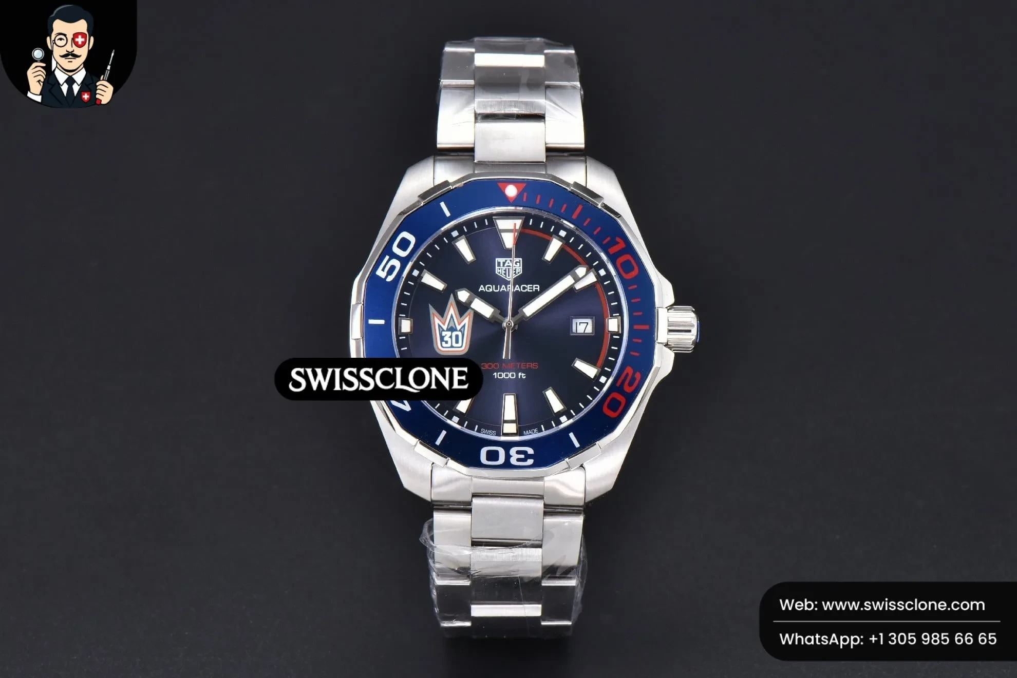 Omega Tag Heuer Aquaracer 300M 41mm OF Blue/Red Bezel Purple Dial SW200 1:1 Super Clone - Dial Macro Close-Up