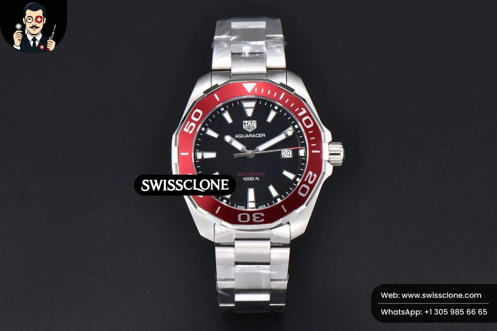 Omega Tag Heuer Aquaracer 300M 41mm OF Red Bezel Black Dial SW200 1:1 Super Clone - Dial Macro Close-Up