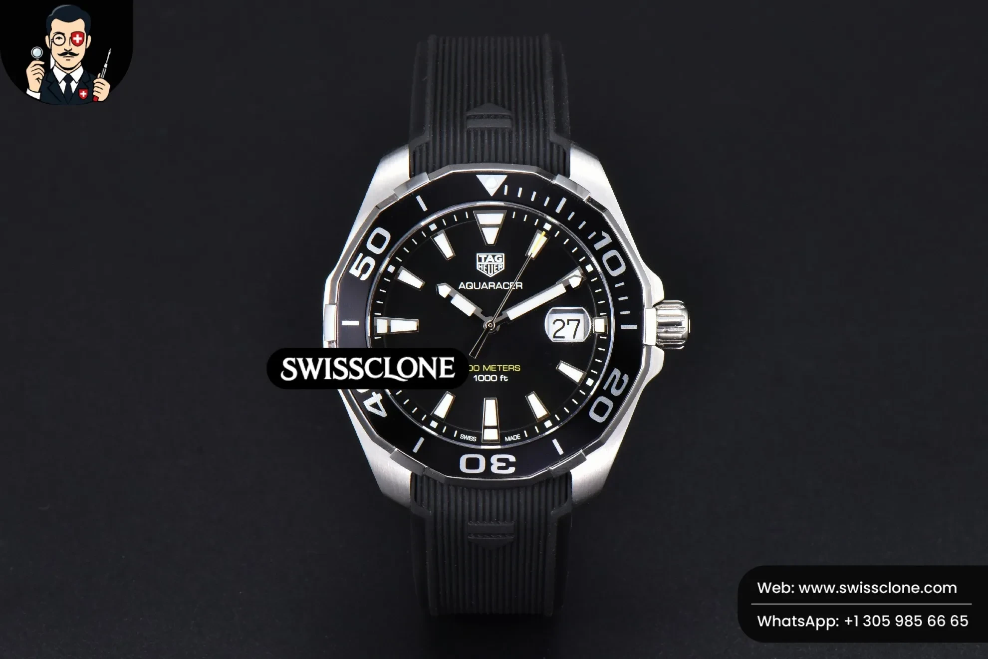 Omega Tag Heuer Aquaracer 300M OF 43mm Black Dial Rubber Quartz 1:1 Super Clone - Dial Macro Close-Up