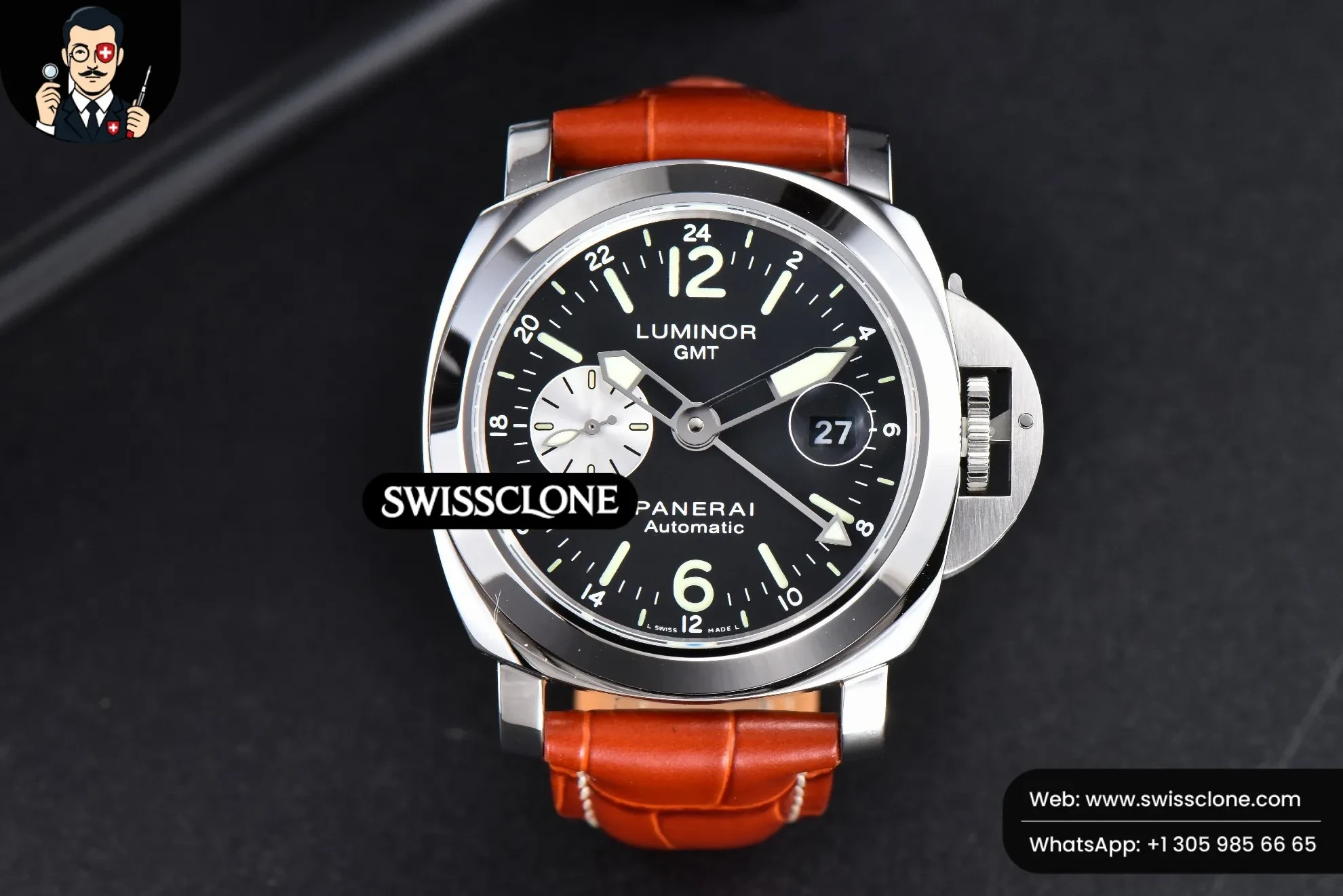 Panerai PAM088 GMT 44mm Black Dial Brown Leather P9001 1:1 Super Clone - Dial Macro Close-Up