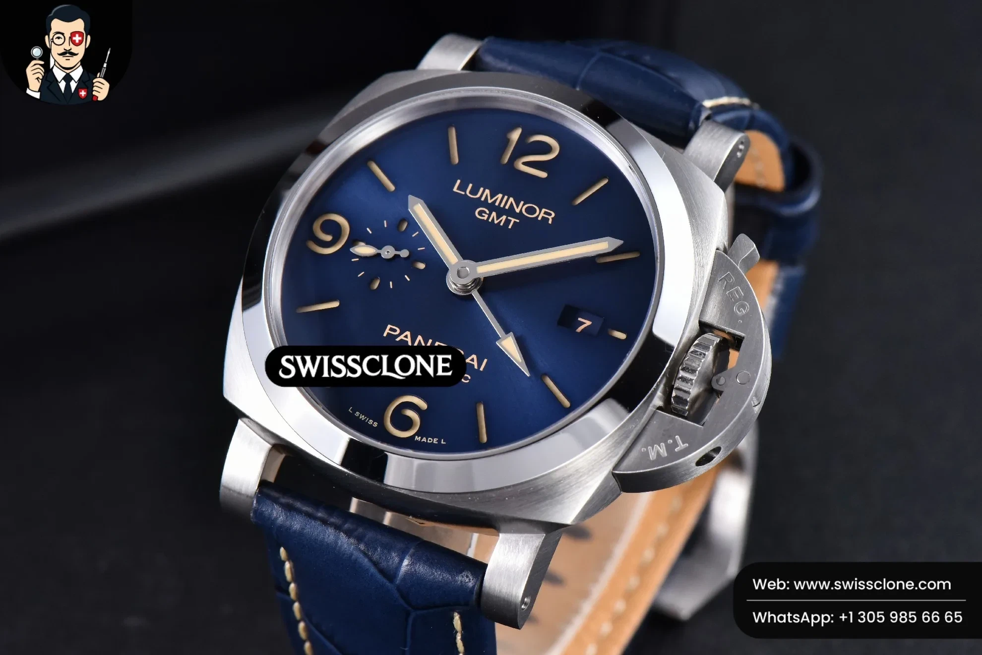 Panerai PAM1033 44mm Luminor GMT Blue Dial Blue Leather P9011 1:1 Super Clone - Dial Macro Close-Up