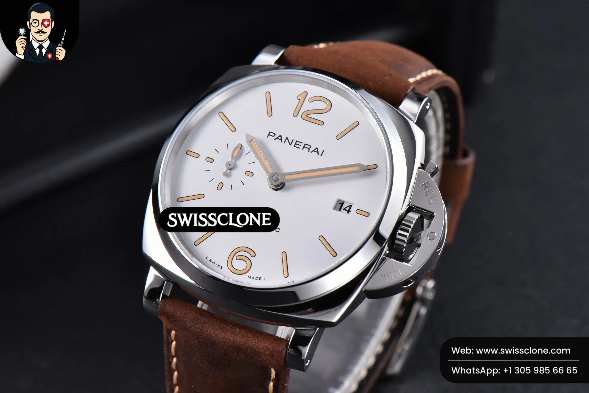 Panerai PAM1046 42mm Luminor Due White Dial on Brown Asso AXXXIV 1:1 Super Clone - Dial Macro Close-Up