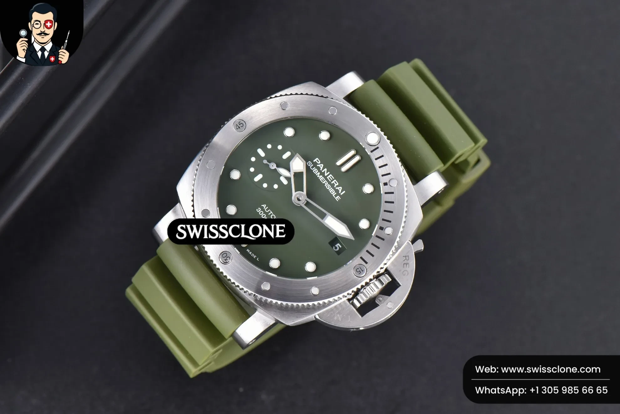 Panerai PAM1055 42mm Luminor Submersible on Green Rubber P.900 1:1 Super Clone - Dial Macro Close-Up