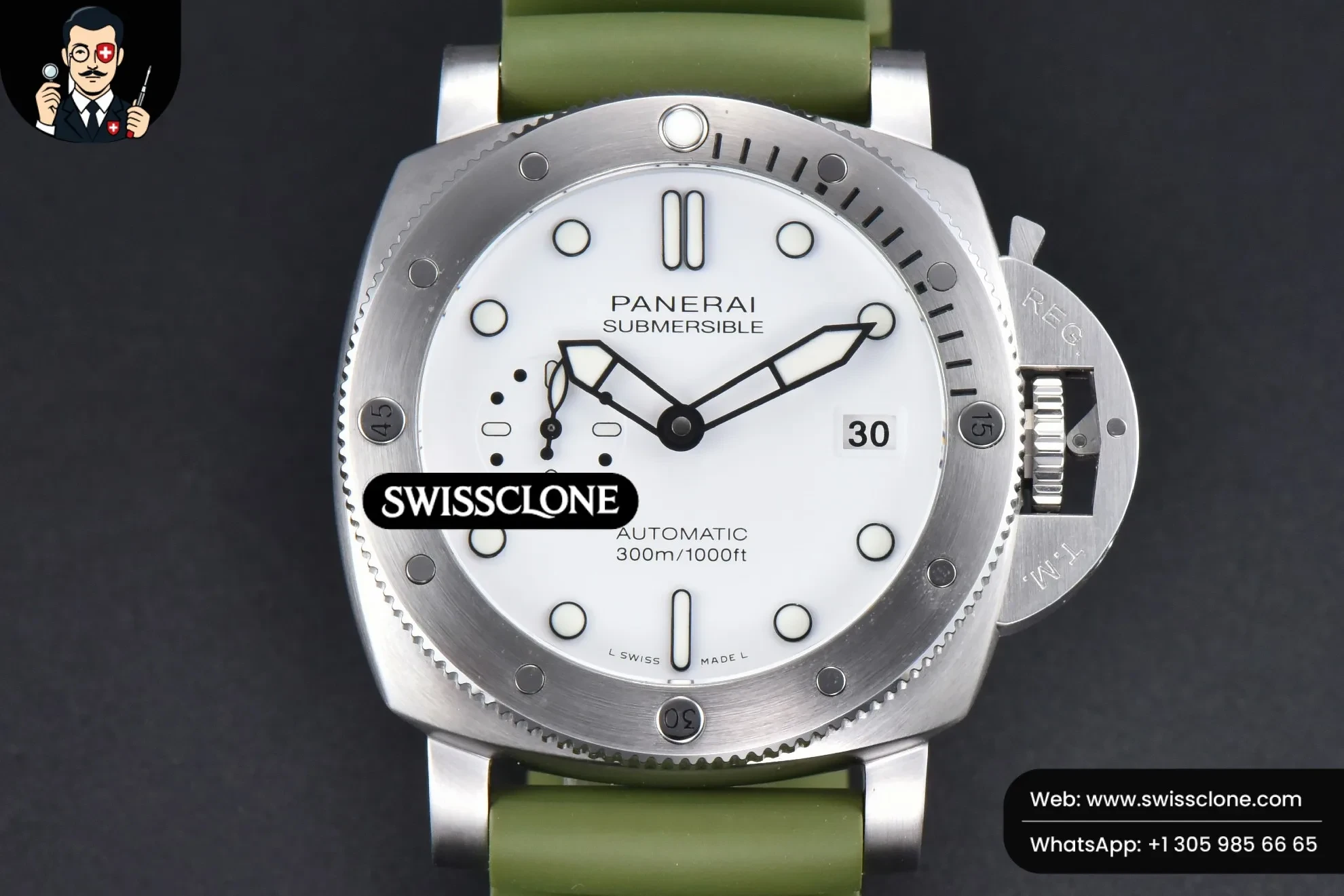 Panerai PAM1226 Sub Quaranta 44mm White Dial Green Rubber P900 - 45-Degree Case Profile & Crown View | 1:1 Swiss Super Clone