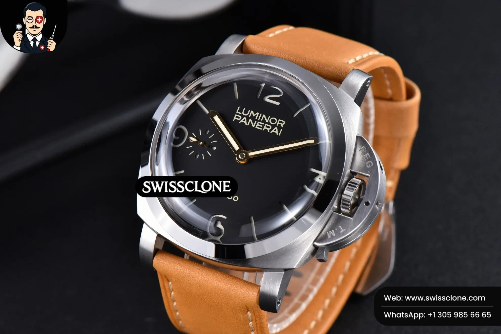 Panerai PAM127 47mm E Luminor 1950 XF Black Dial Brown Leather 1:1 Super Clone - Dial Macro Close-Up