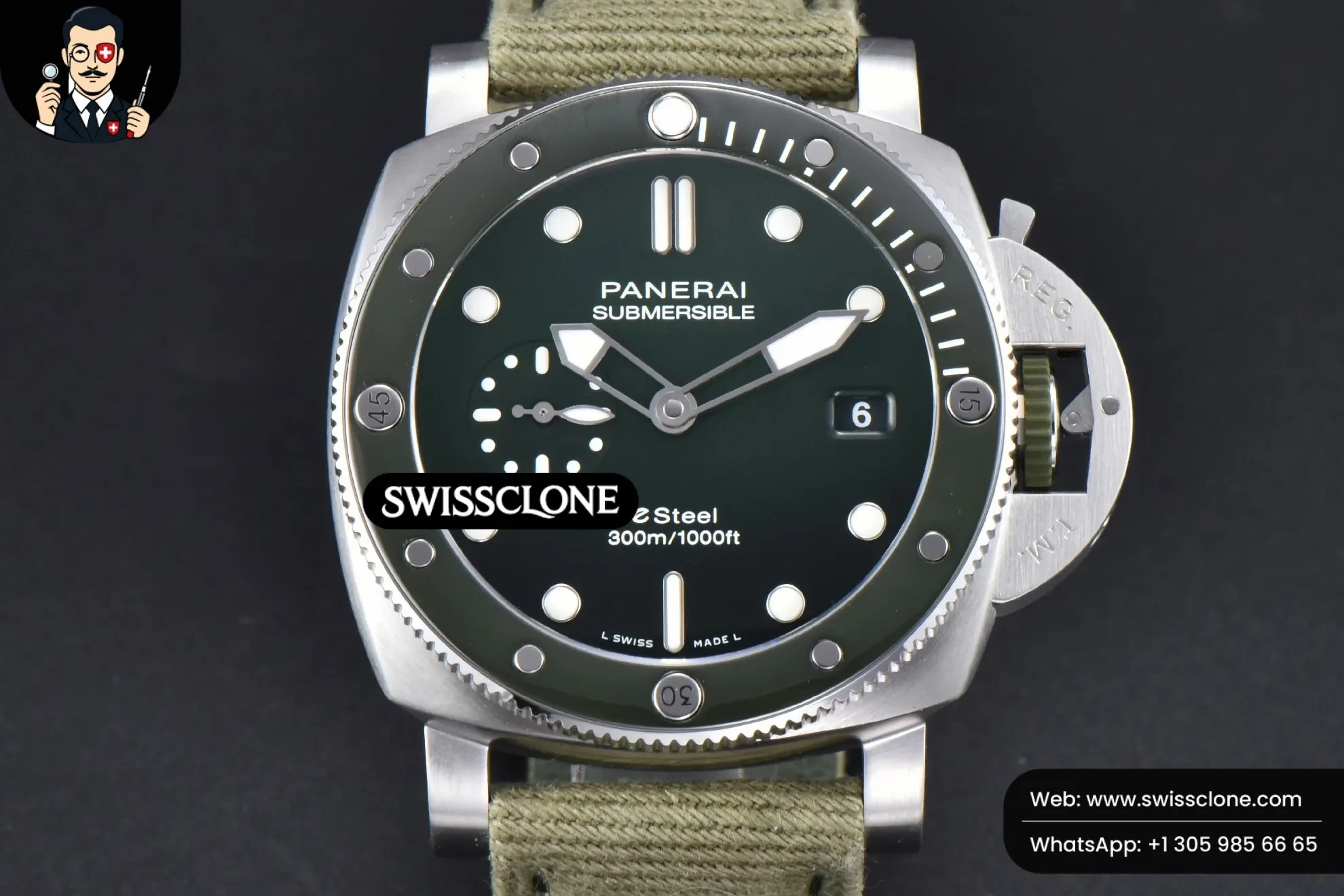 Panerai PAM1287 Sub Quaranta 44mm Green Dial Green Nylon P900 - 45-Degree Case Profile & Crown View | 1:1 Swiss Super Clone