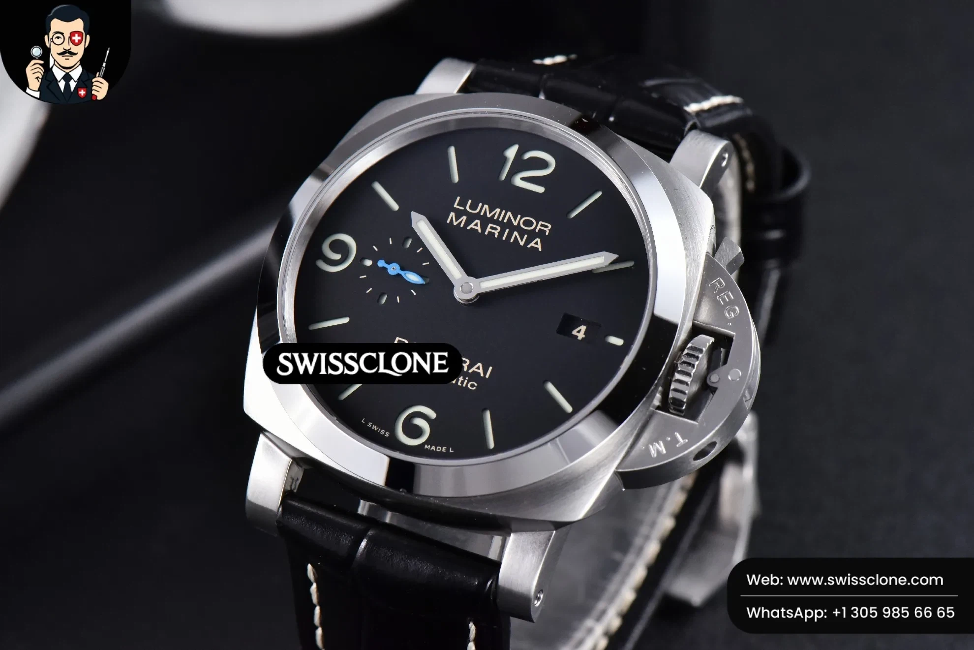 Panerai PAM1312 44mm Black Dial on Black Leather P.9010 1:1 Super Clone - Dial Macro Close-Up