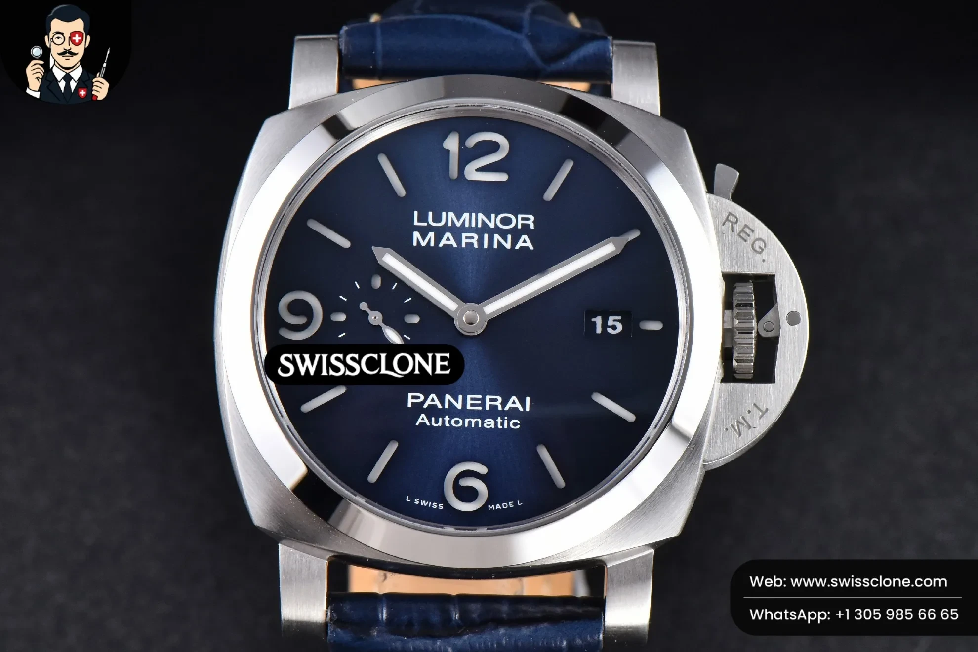 Panerai PAM1313 44mm Blue Dial Blue Leather P9010 1:1 Super Clone - Dial Macro Close-Up