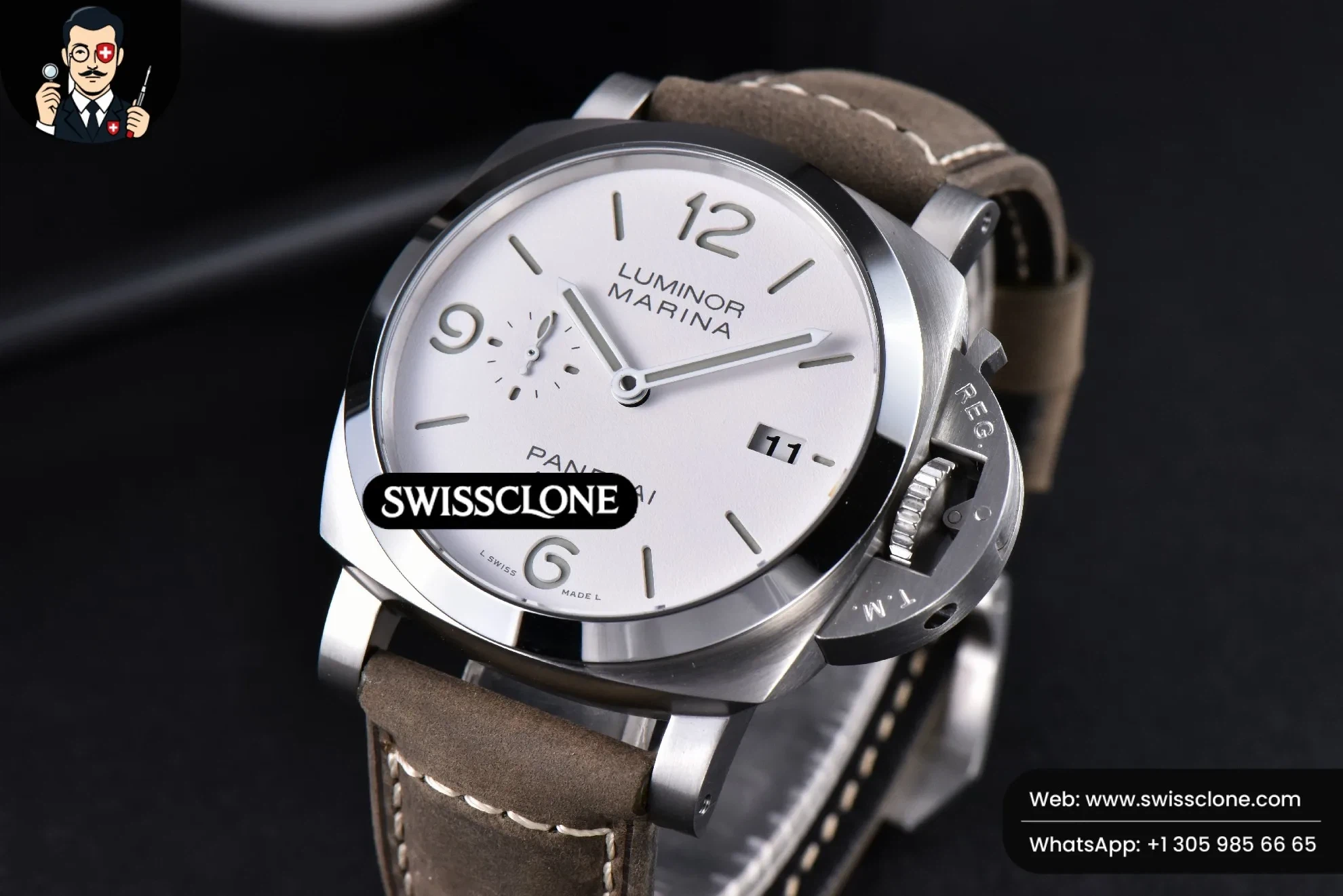 Panerai PAM1314 44mm White Dial on Gray Asso P.9010 1:1 Super Clone - Dial Macro Close-Up