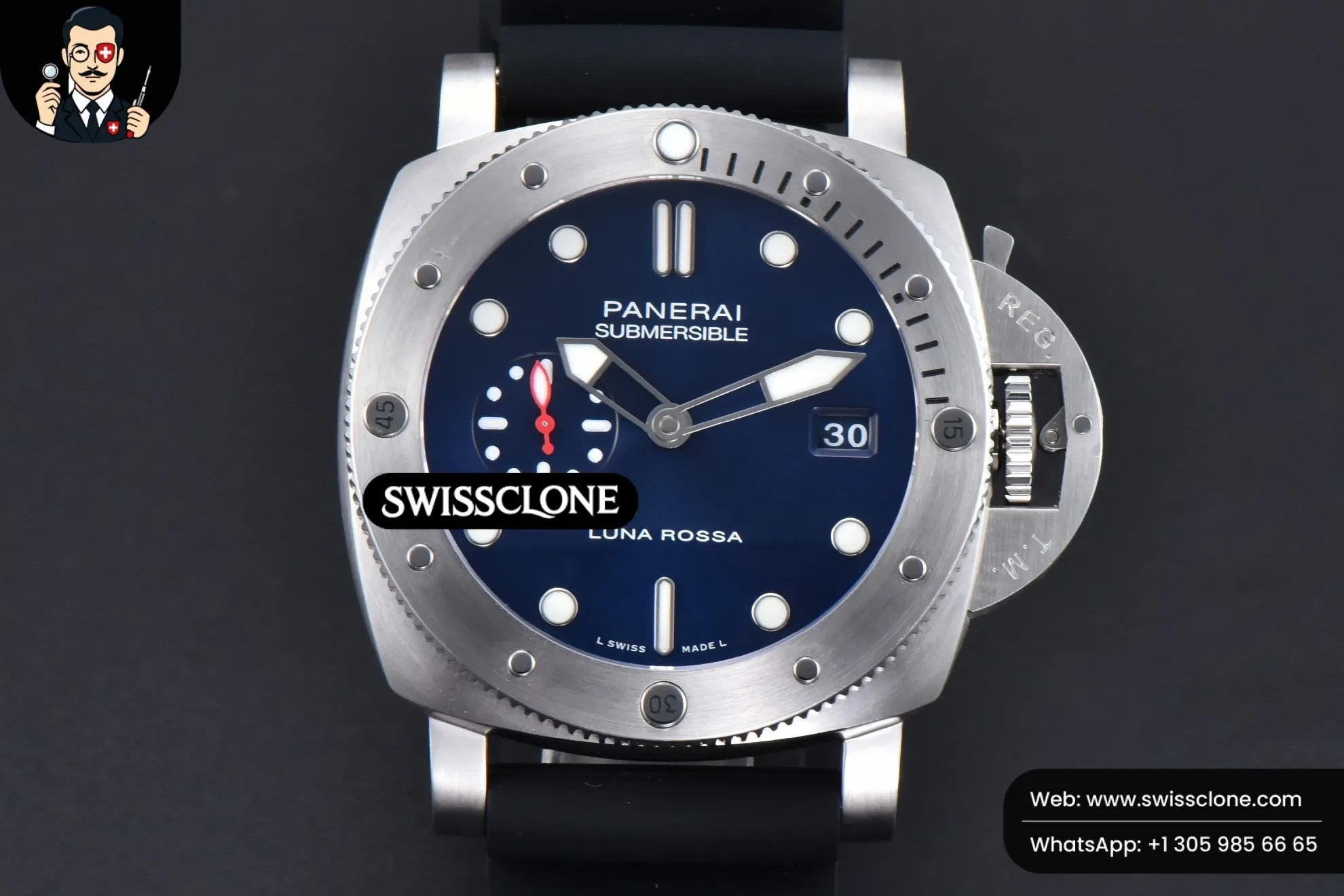 Panerai PAM1391 44mm Submersible Quaranta TTF Blue Dial Rubber P9010 - 45-Degree Case Profile & Crown View | 1:1 Swiss Super Clone