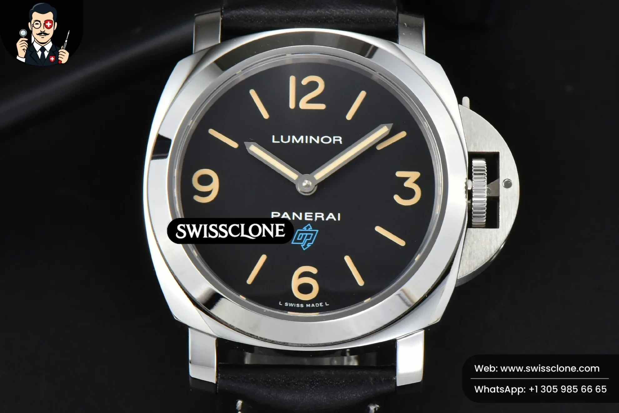 Panerai PAM634 44mm HWF Black Dial Black Leather 1:1 Super Clone - Dial Macro Close-Up