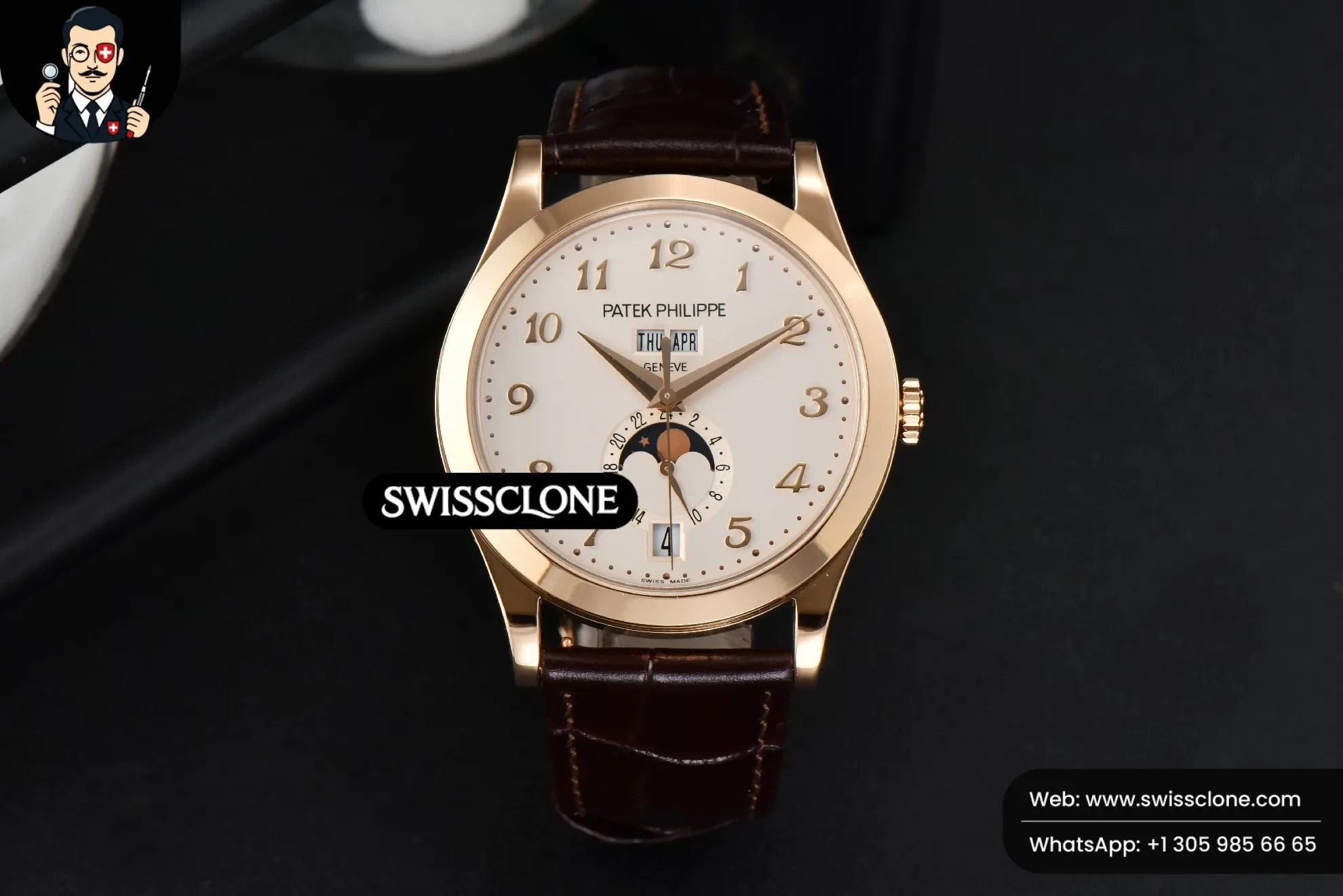 Patek Philippe Annual Calendar 5396 Moonphase 38.5mm White Digital Dial Brown Leather MY9015 1:1 Super Clone - Dial Macro Close-Up
