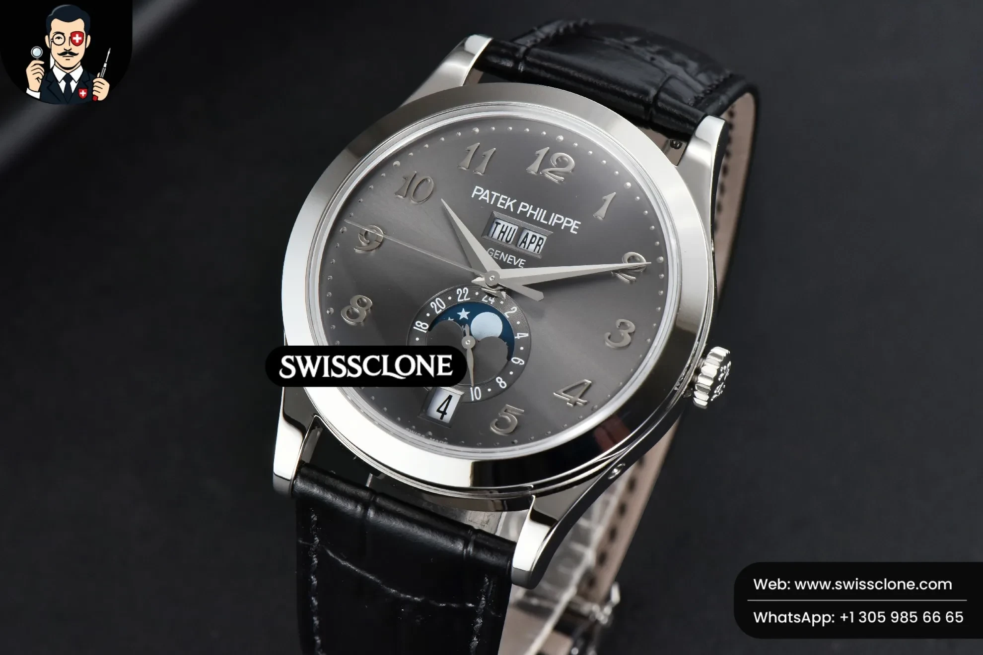 Patek Philippe Complications 5396 38.5mm Gray Dial Moonphase Stick Markers Black Leather MY9015 1:1 Super Clone - Bezel & Case Profile
