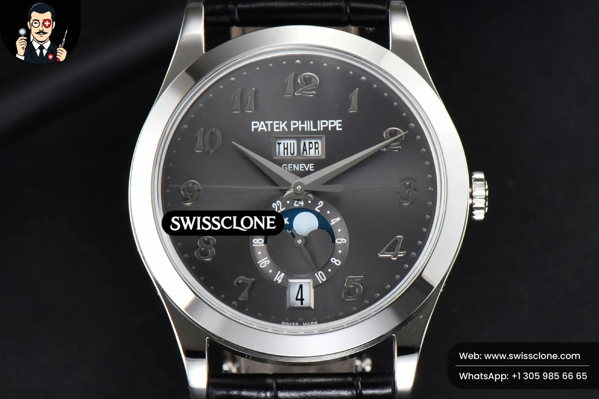 Patek Philippe Complications 5396 38.5mm Gray Dial Moonphase Stick Markers Black Leather MY9015
