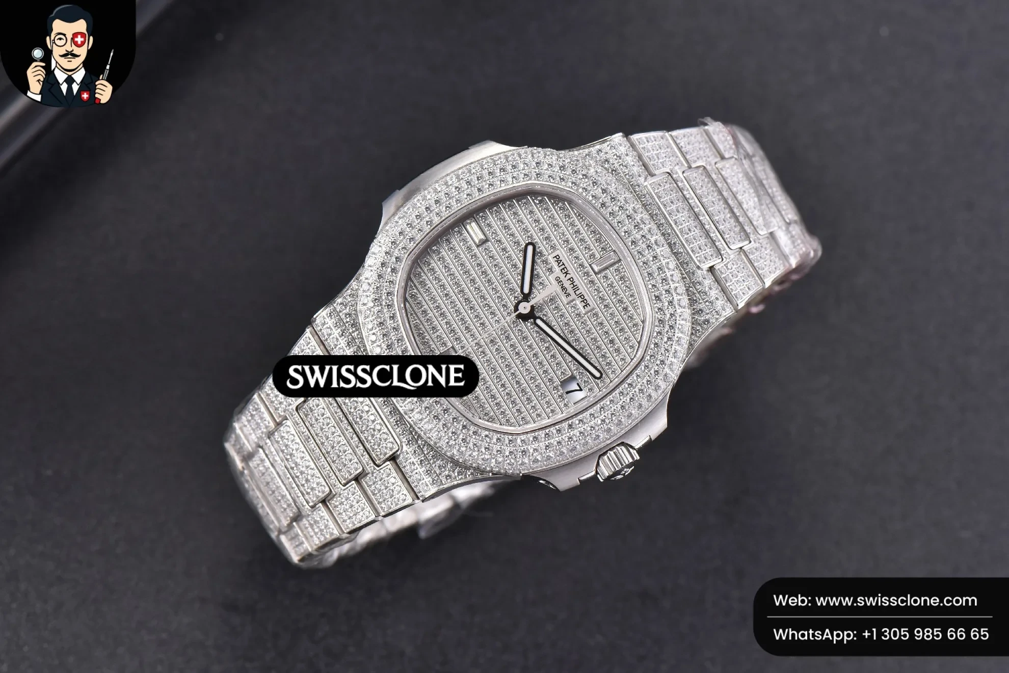Patek Philippe Nautilus 5719/1G 40mm Full Diamonds Dial and 324CS (SW-29626) 1:1 Super Clone - Dial Macro & Hands Close-Up