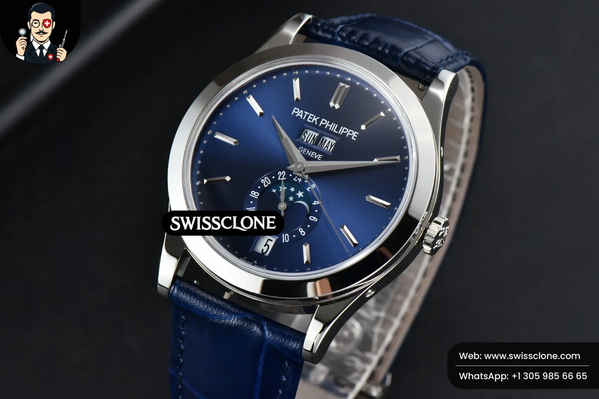 Patek Philippe ZF Complications 5396 38.5mm Blue Dial Moonphase Stick Markers Black Leather MY9015 ZF Factory 1:1 Super Clone - Bezel & Case Profile