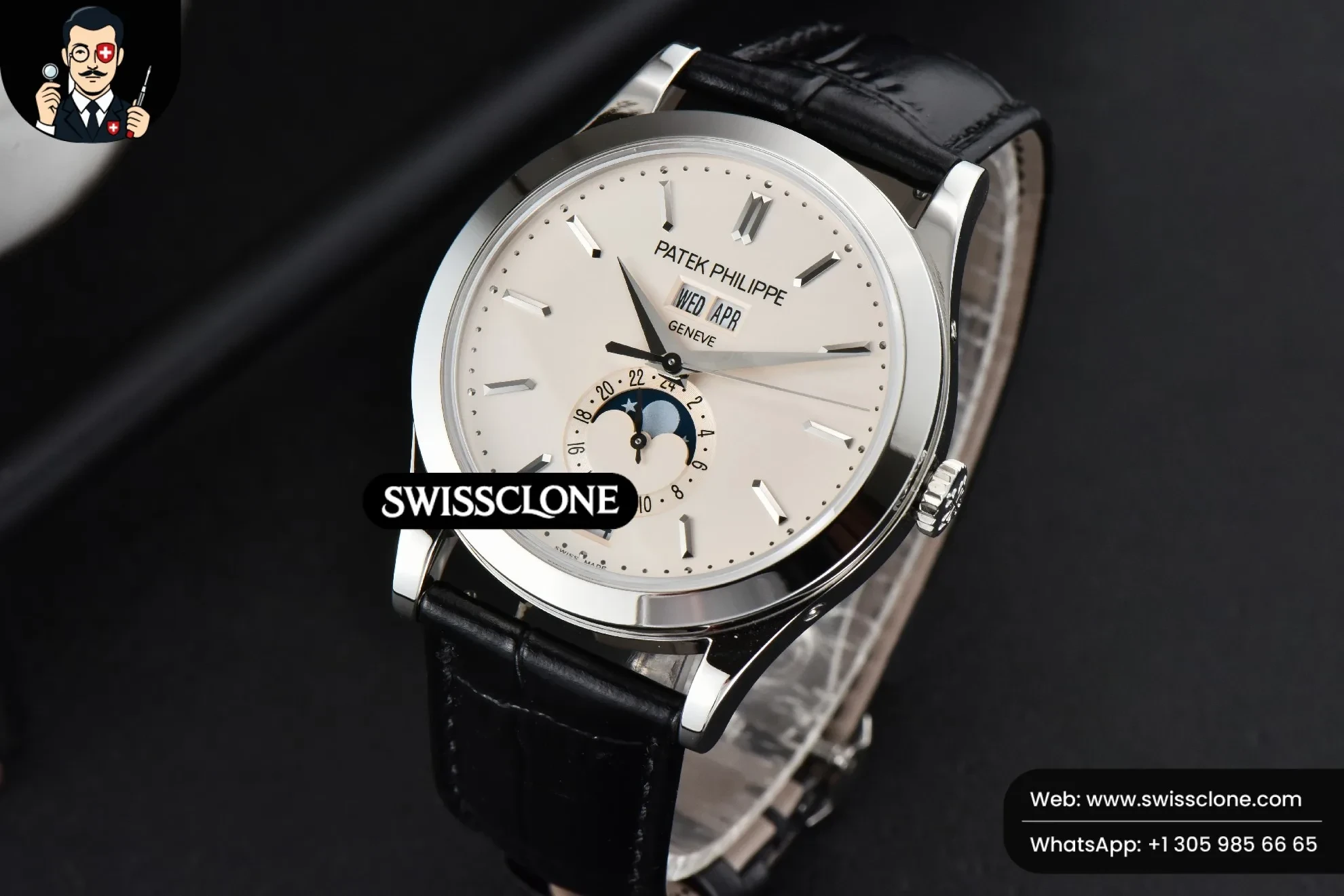Patek Philippe ZF Complications 5396 38.5mm White Dial Moonphase Stick Markers Black Leather MY9015 ZF Factory 1:1 Super Clone - Bezel & Case Profile