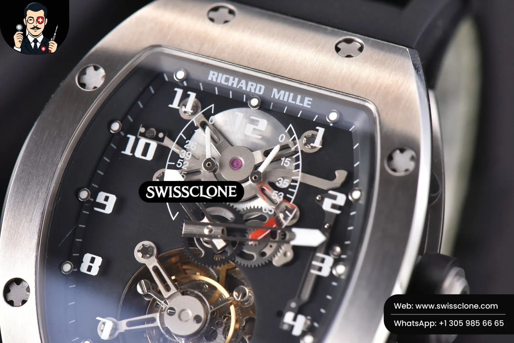 Richard Mille RM001 Tourbillon JBF 47mm Black Skeleton Dial Black Rubber (SW-33842) 1:1 Super Clone - Clasp & Bracelet Brushed Finishing