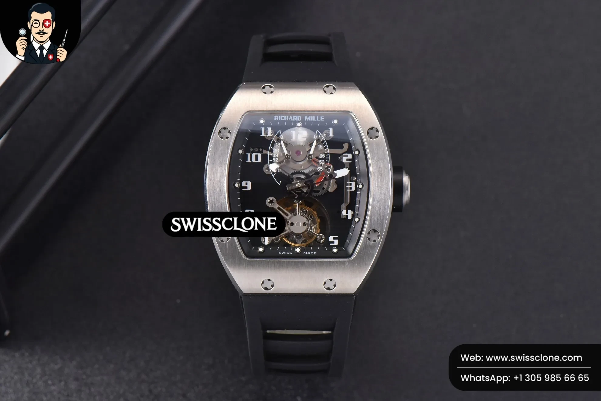 Richard Mille RM001 Tourbillon JBF 47mm Black Skeleton Dial Black Rubber (SW-33842) 1:1 Super Clone - Dial Macro & Hands Close-Up