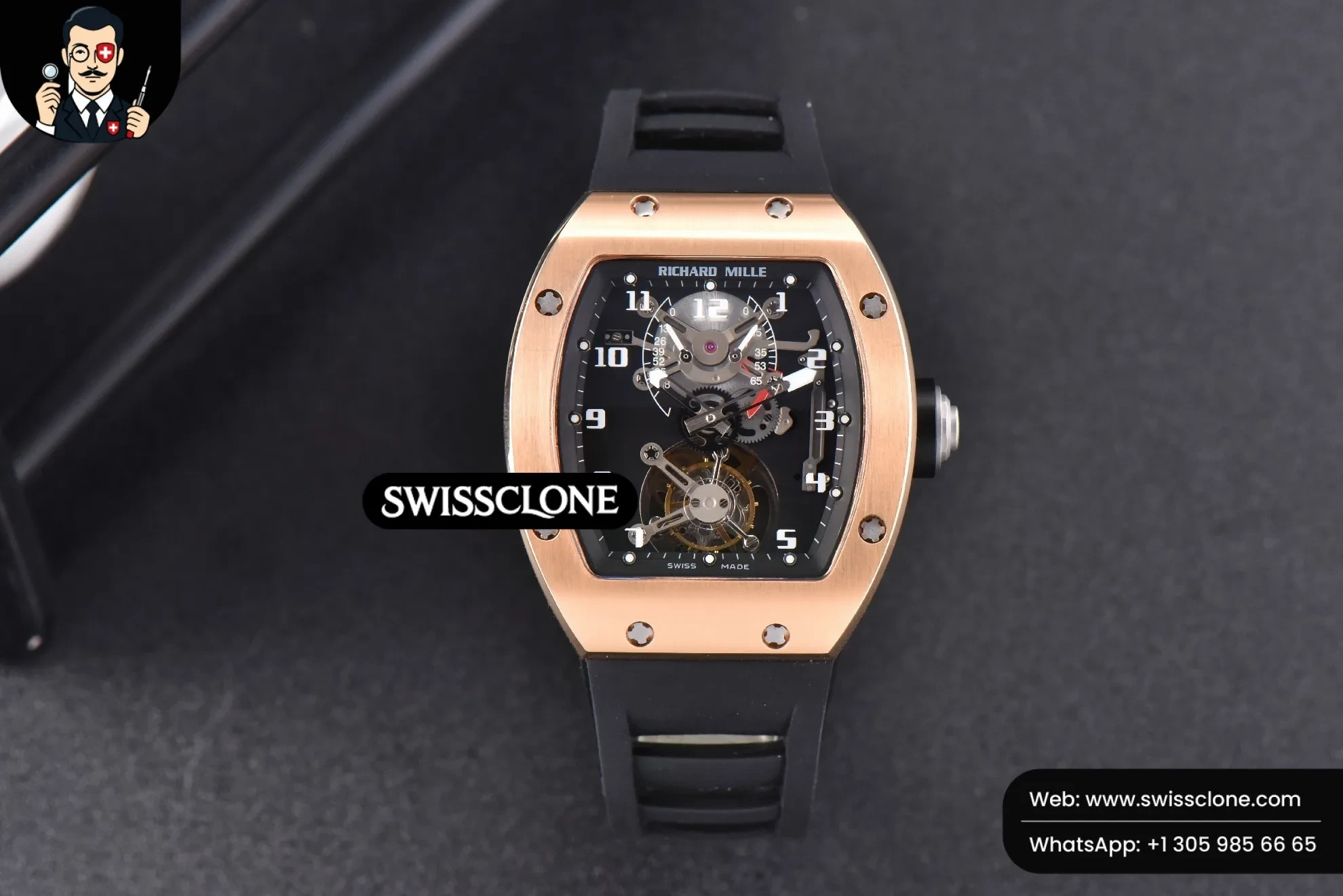 Richard Mille RM001 Tourbillon JBF 47mm Black Skeleton Dial Black Rubber 1:1 Super Clone - Dial Macro Close-Up