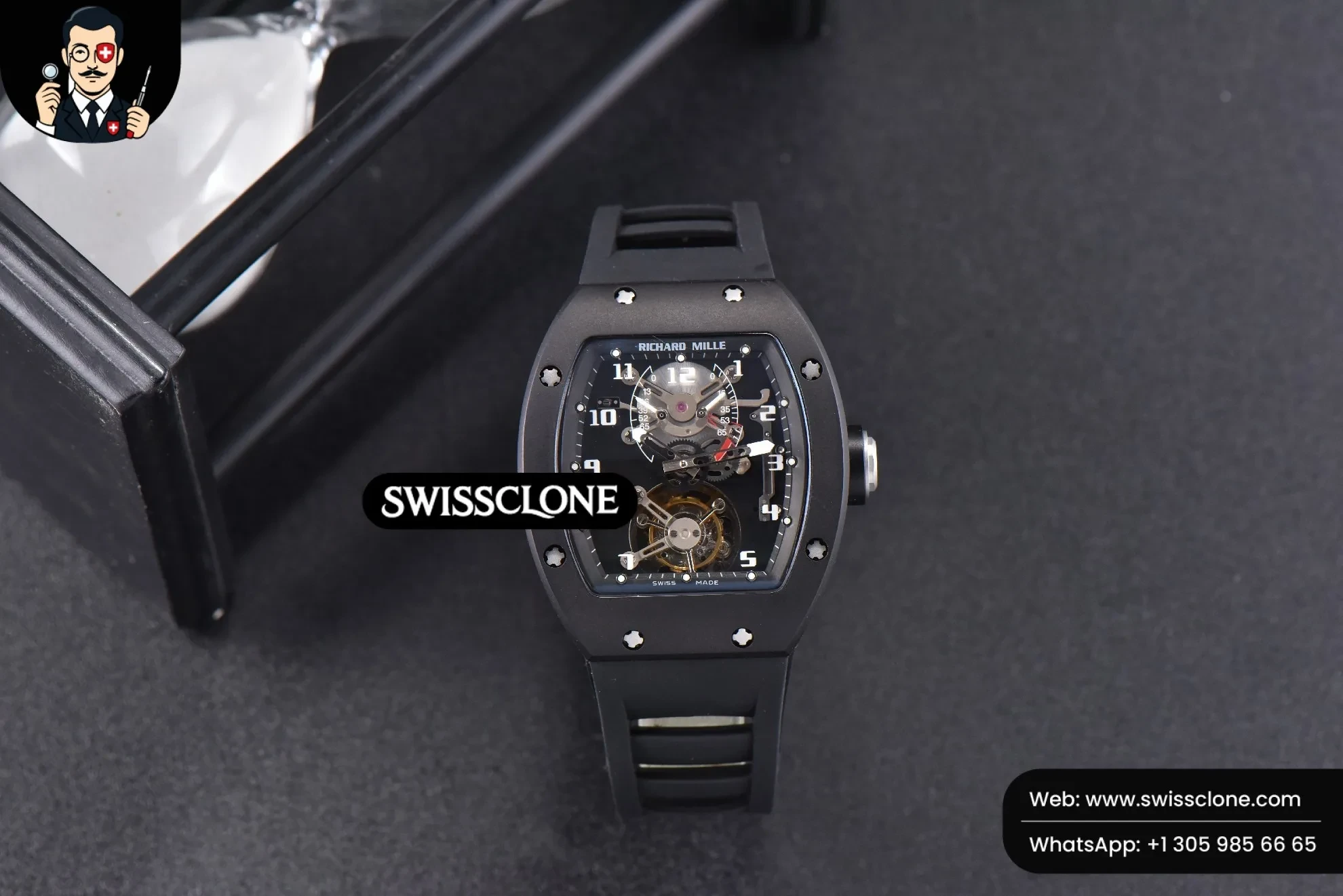 Richard Mille RM001 Tourbillon PVD JBF 47mm Black Skeleton Dial Black Rubber 1:1 Super Clone - Dial Macro Close-Up