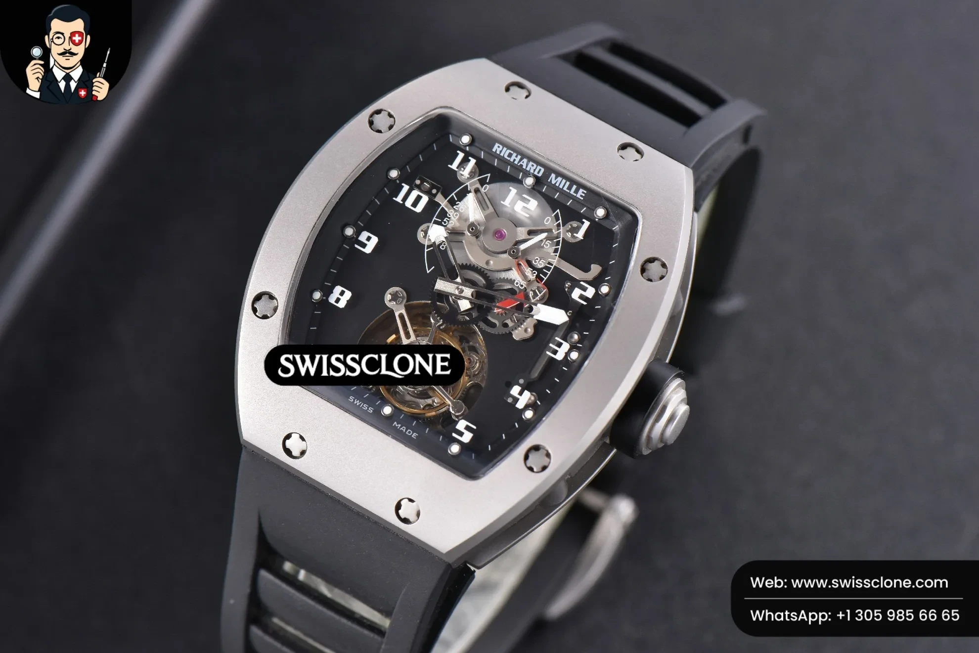 Richard Mille RM001 Tourbillon Titanium JBF 47mm Black Skeleton Dial Black Rubber 1:1 Super Clone - Bezel & Case Profile