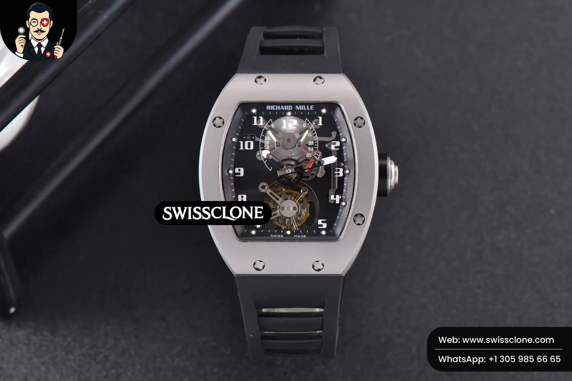 Richard Mille RM001 Tourbillon Titanium JBF 47mm Black Skeleton Dial Black Rubber 1:1 Super Clone - Dial Macro Close-Up