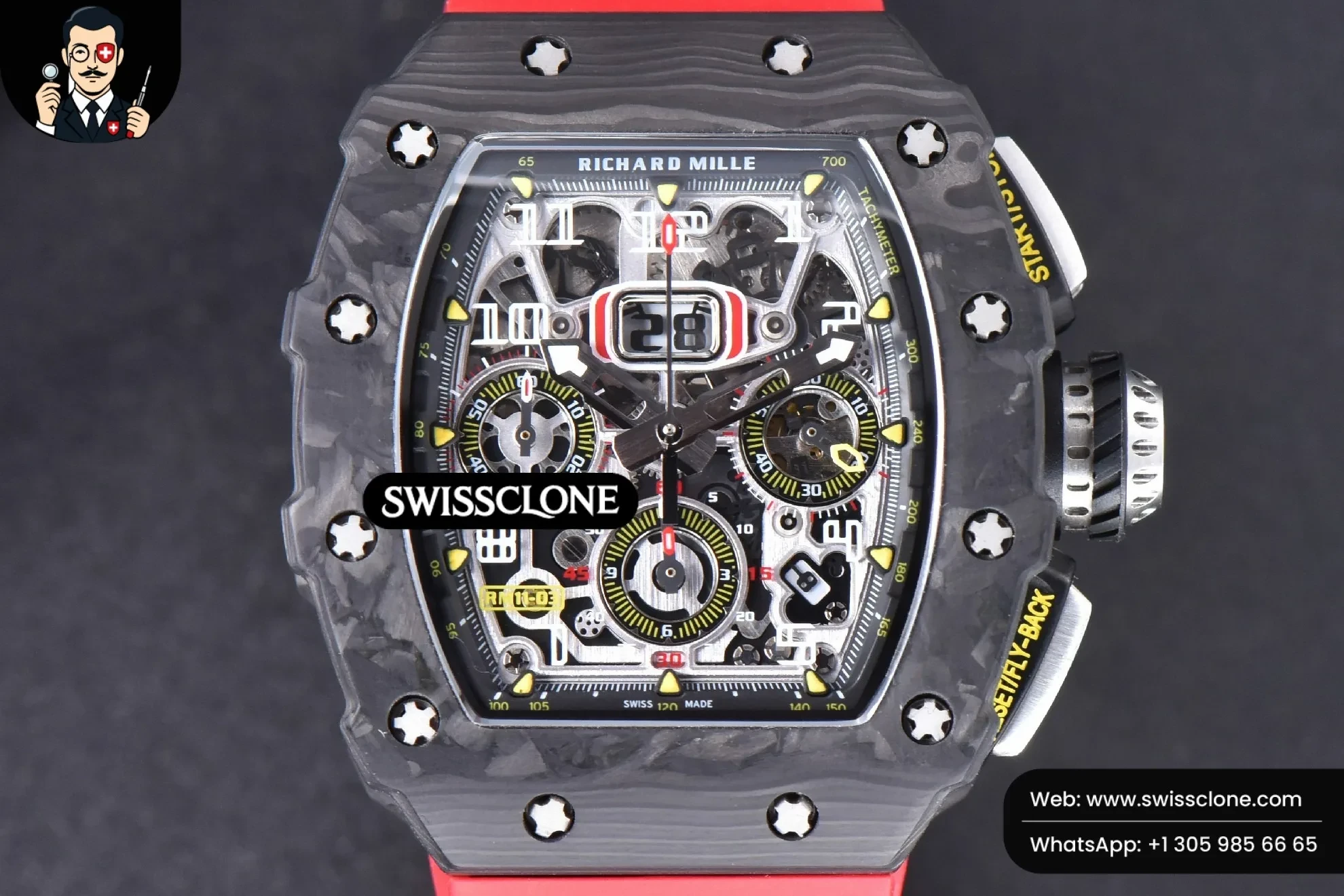 Richard Mille RM011 NTPT Chrono KVF Skeleton Dial on Black Crown Red Rubber - Image 2