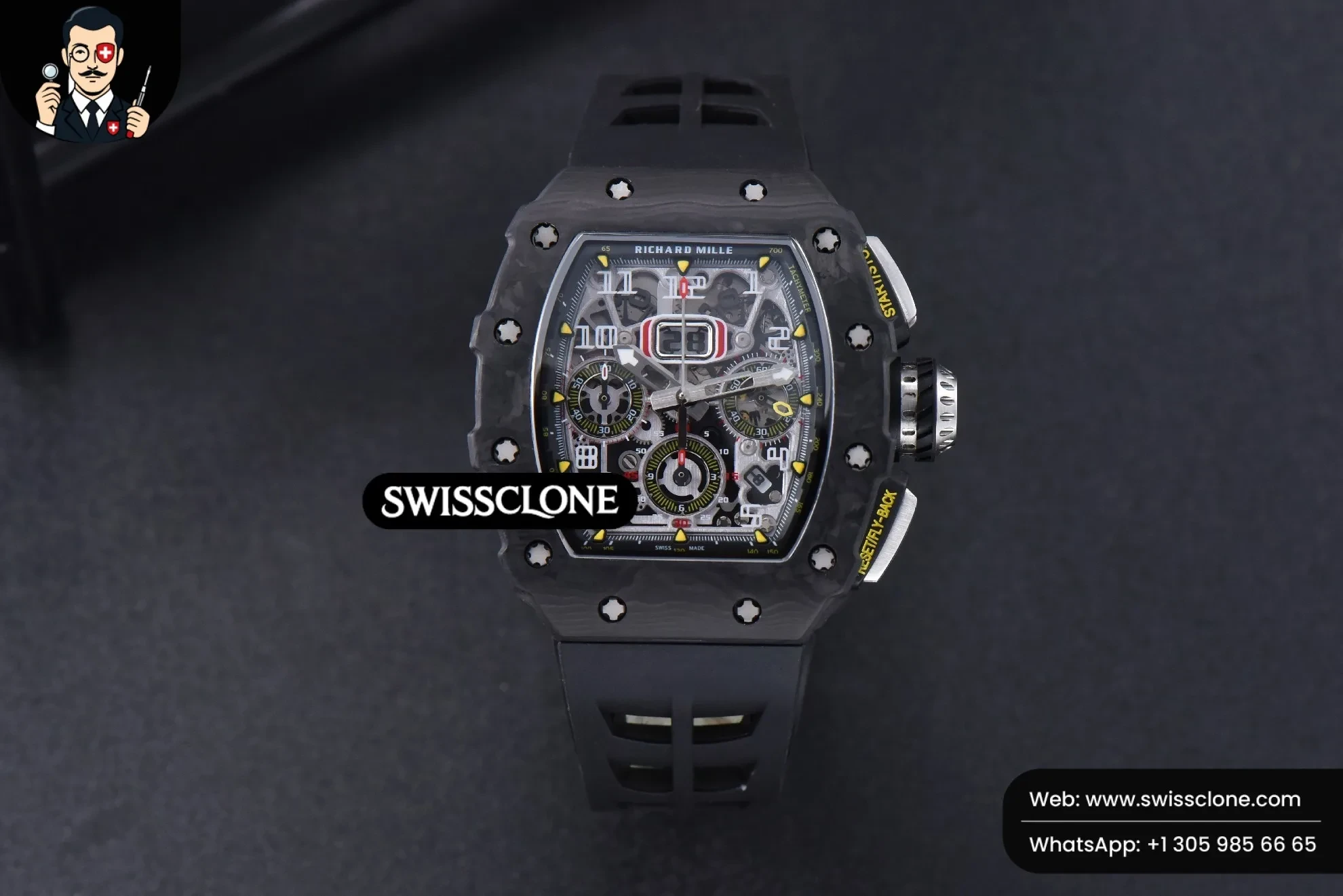Richard Mille RM011 NTPT Chrono KVF Skeleton Dial on Black Rubber 1:1 Super Clone - Dial Macro Close-Up