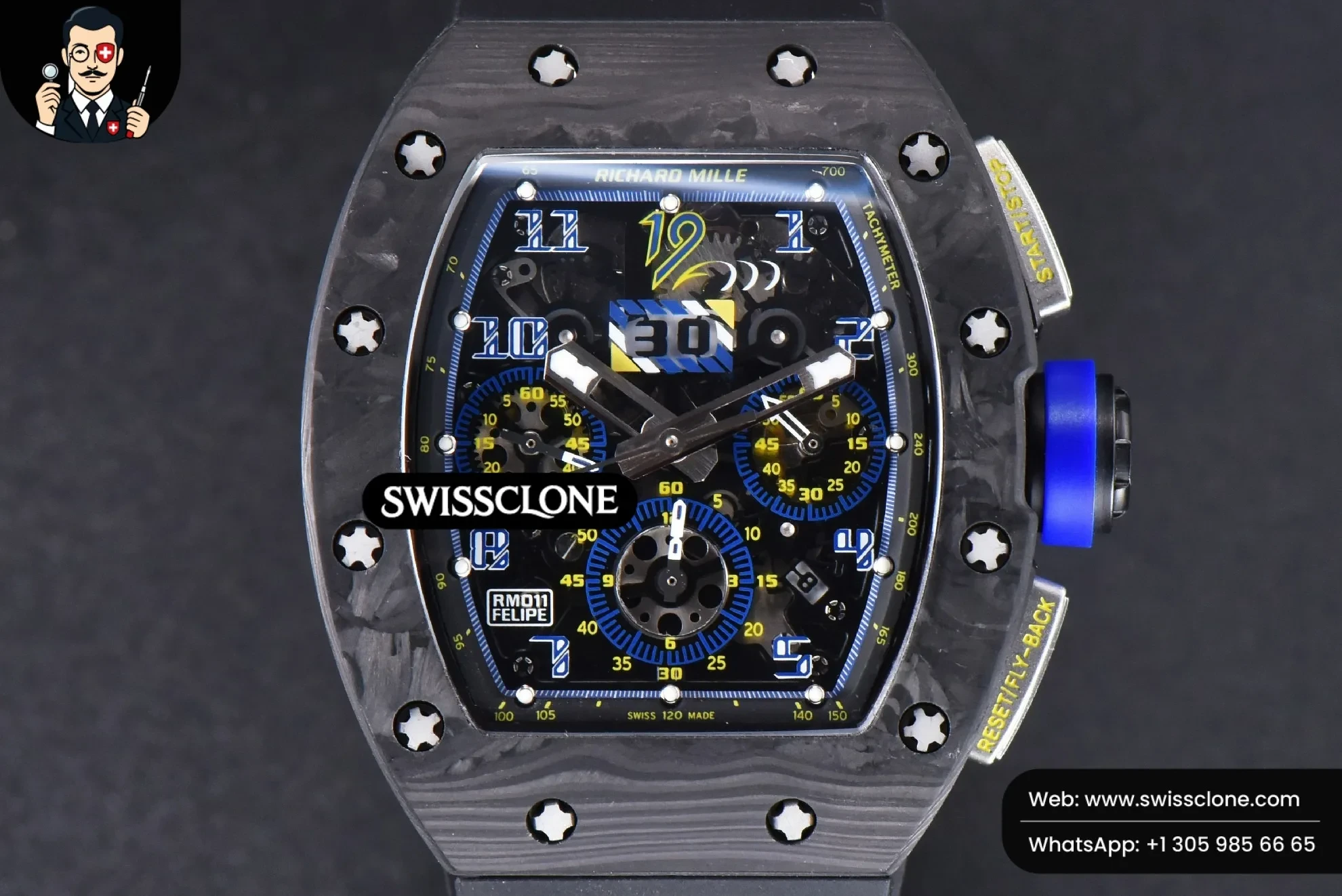 Richard Mille RM011 NTPT Chrono KVF Skeleton Dial on Blue Crown Black Rubber - Image 2