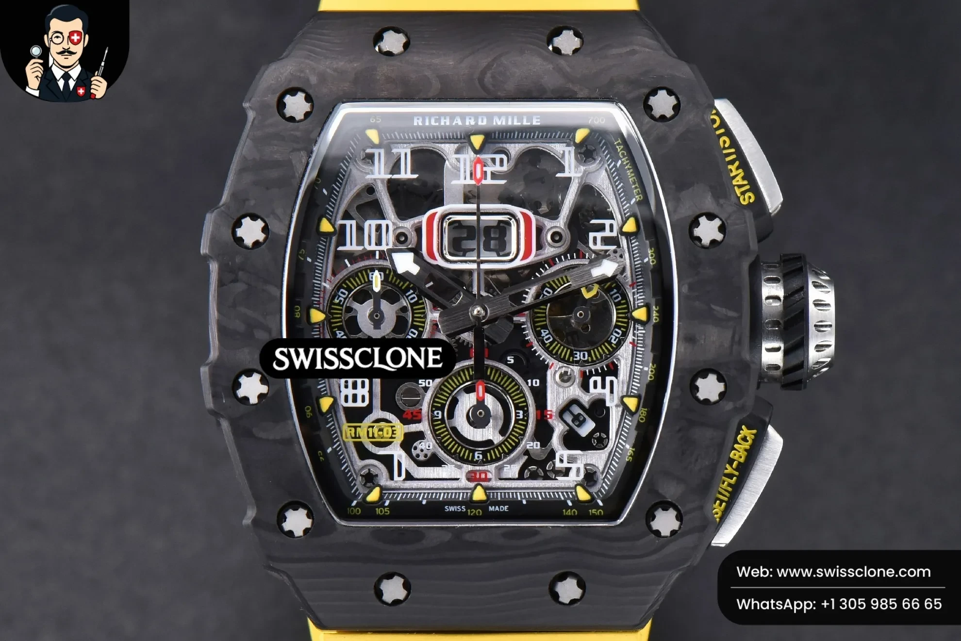 Richard Mille RM011 NTPT Chrono KVF Skeleton Dial on Yellow Rubber