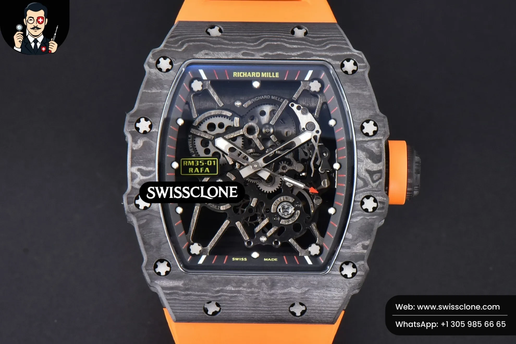 Richard Mille RM035-02 42mm Black Forged Carbon T+F Black Skeleton Dial Orange Crown Orange Rubber RMUL2